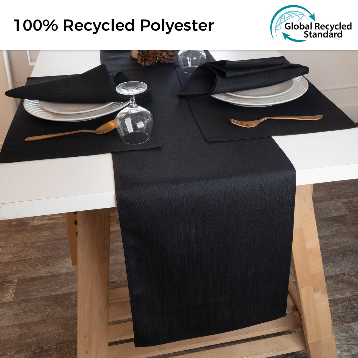 Black faux linen table runner styled on a dining table