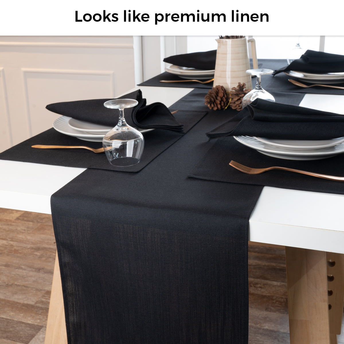 Close-up of the weave on a black faux linen table runner