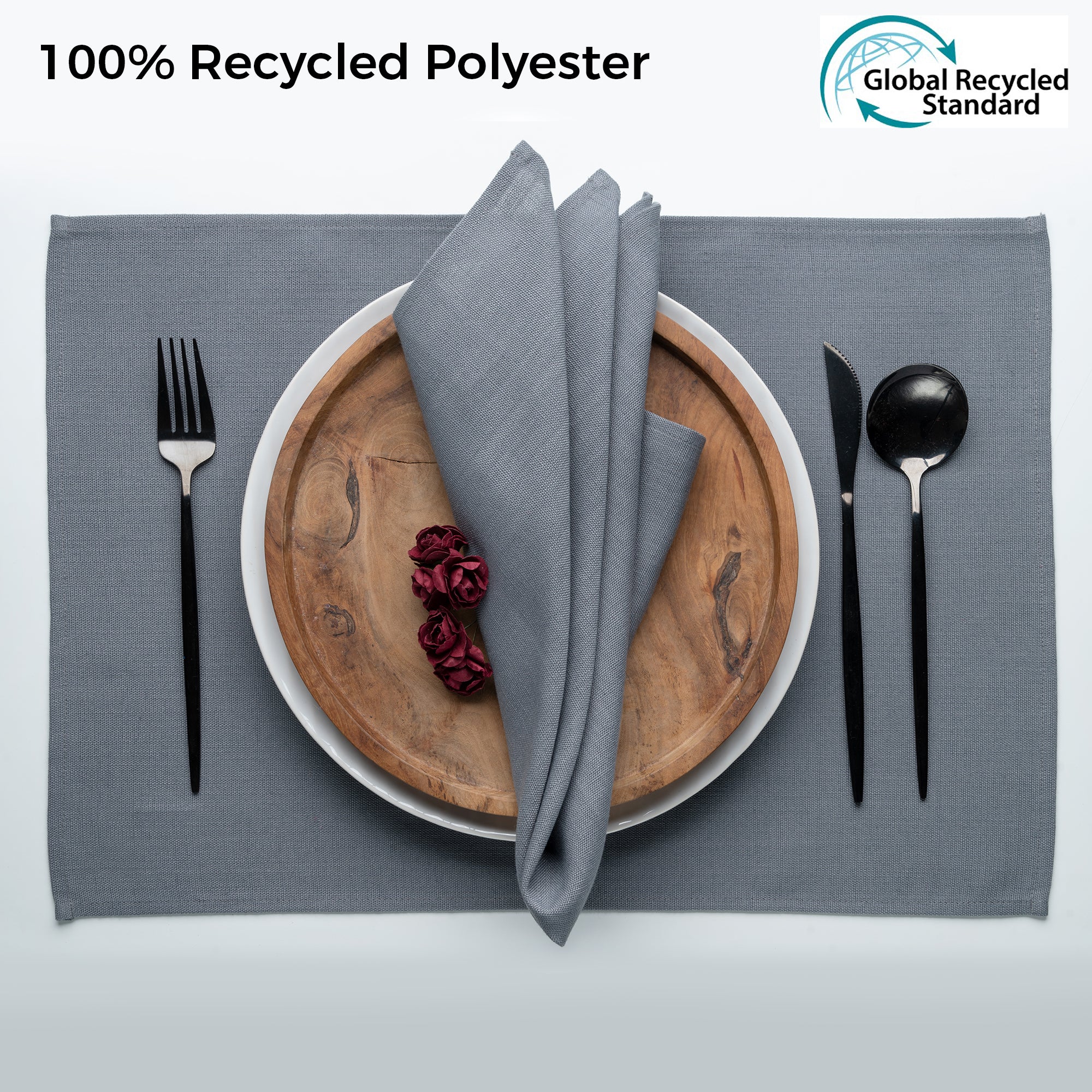 Charcoal grey faux linen placemats styled on a dining table