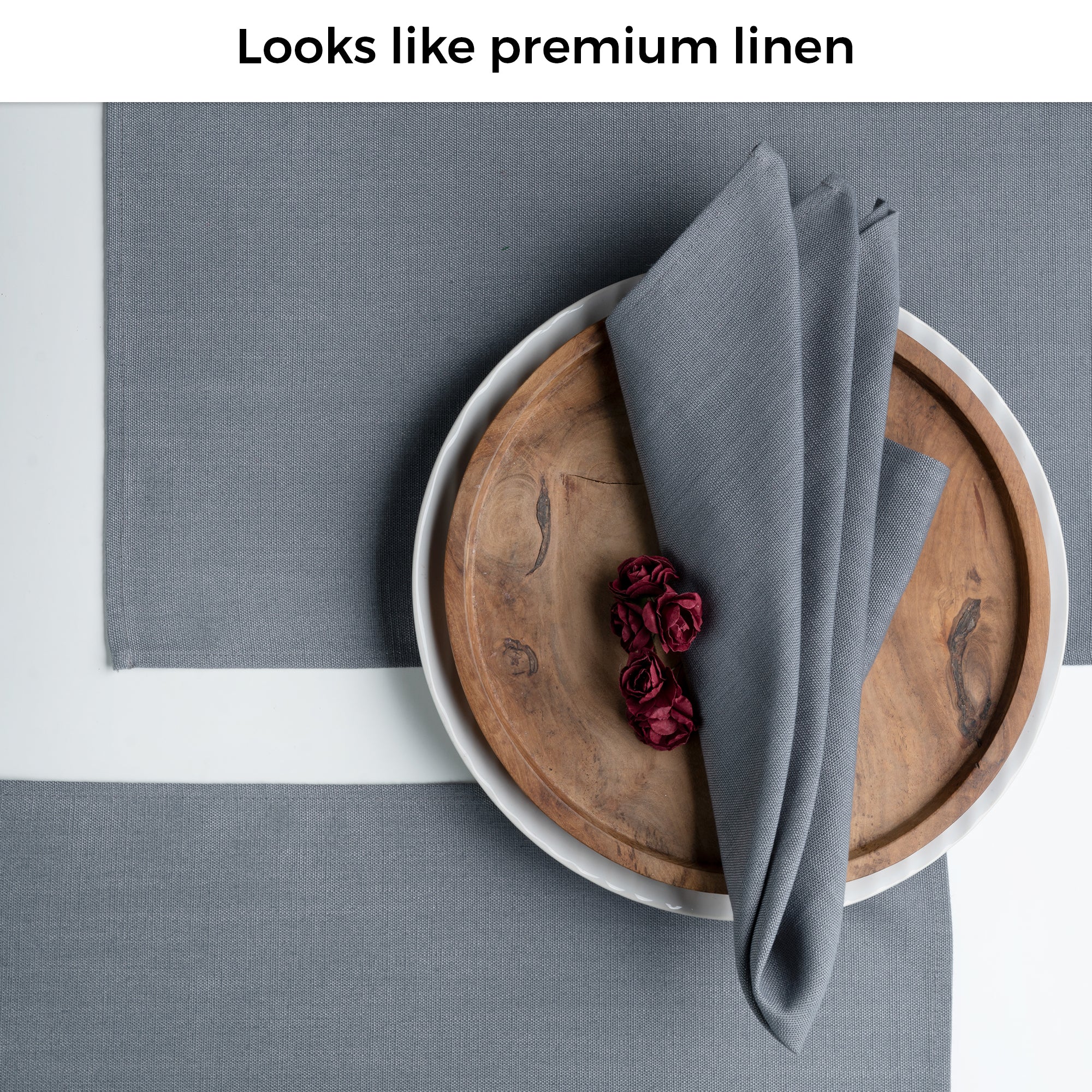 Close-up of the weave on charcoal grey faux linen placemats
