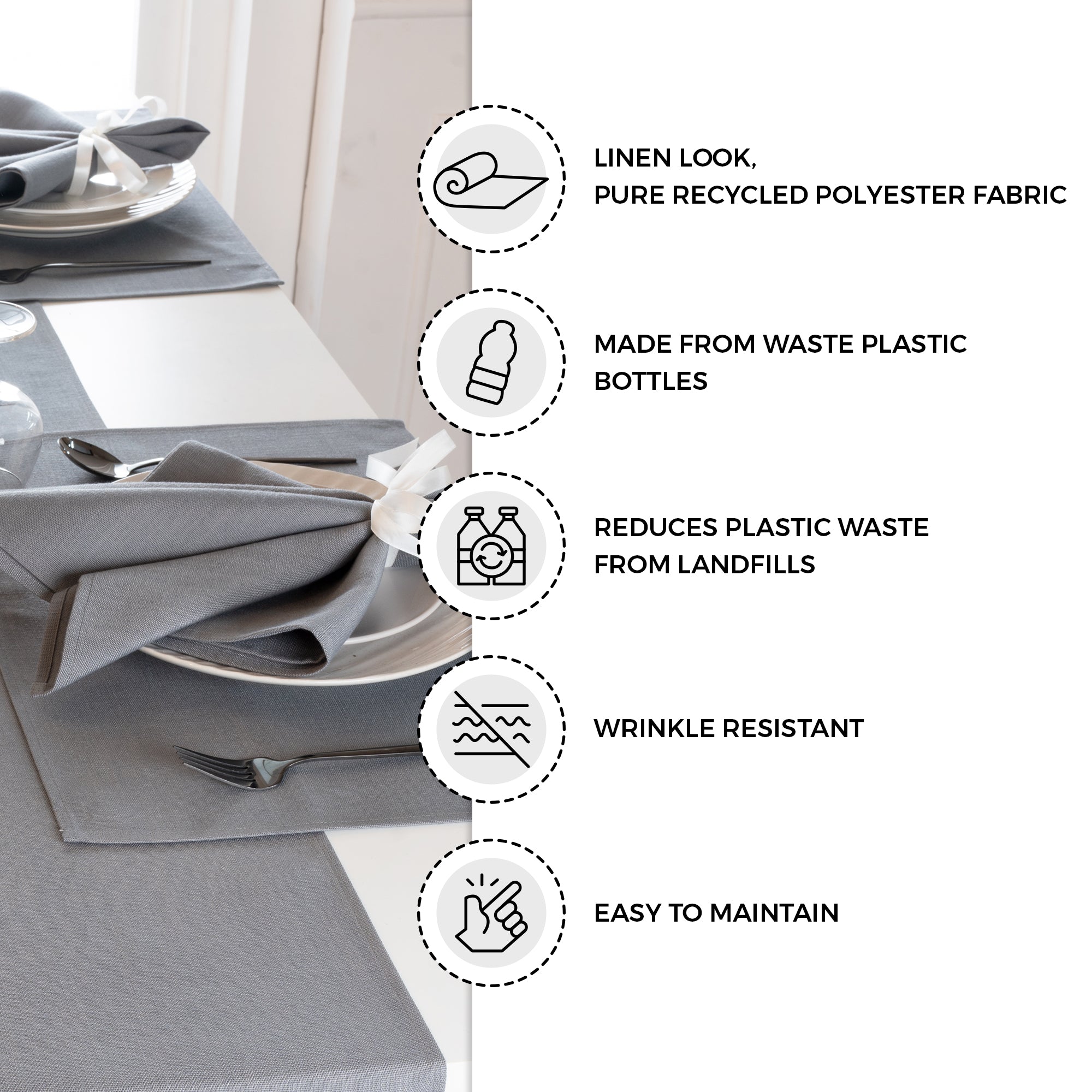 Charcoal grey faux linen placemats with matching D'Moksha table linens