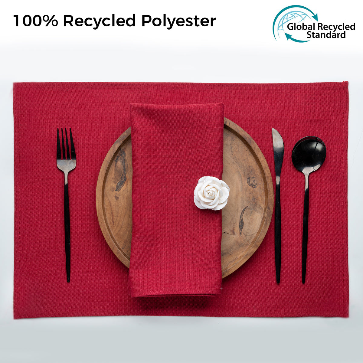 Red faux linen dinner napkins styled on a dining table