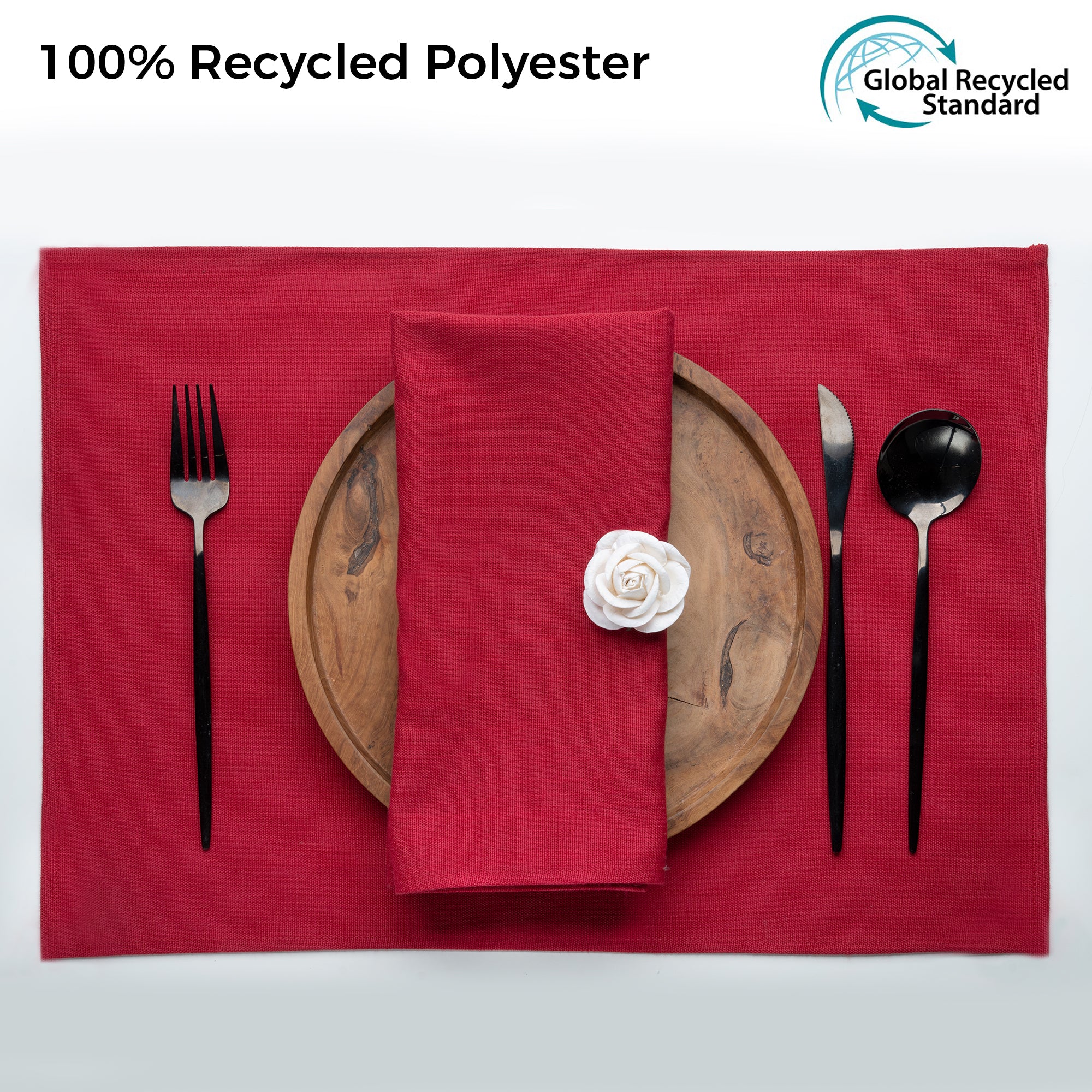 Red faux linen placemats styled on a dining table