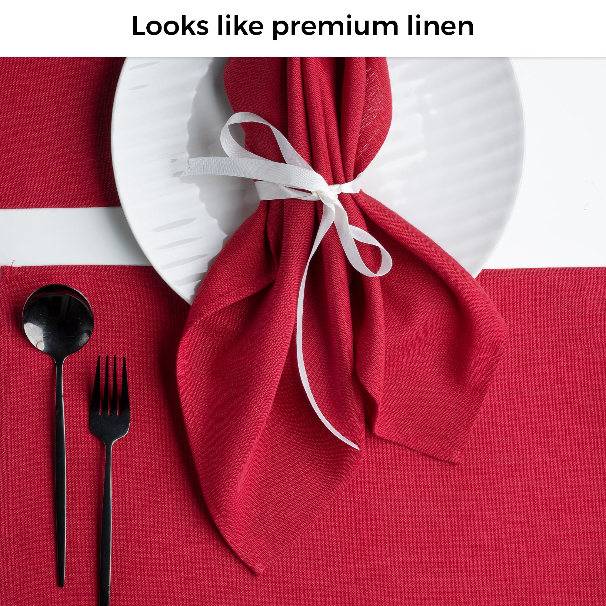 Close-up of the weave on red faux linen placemats