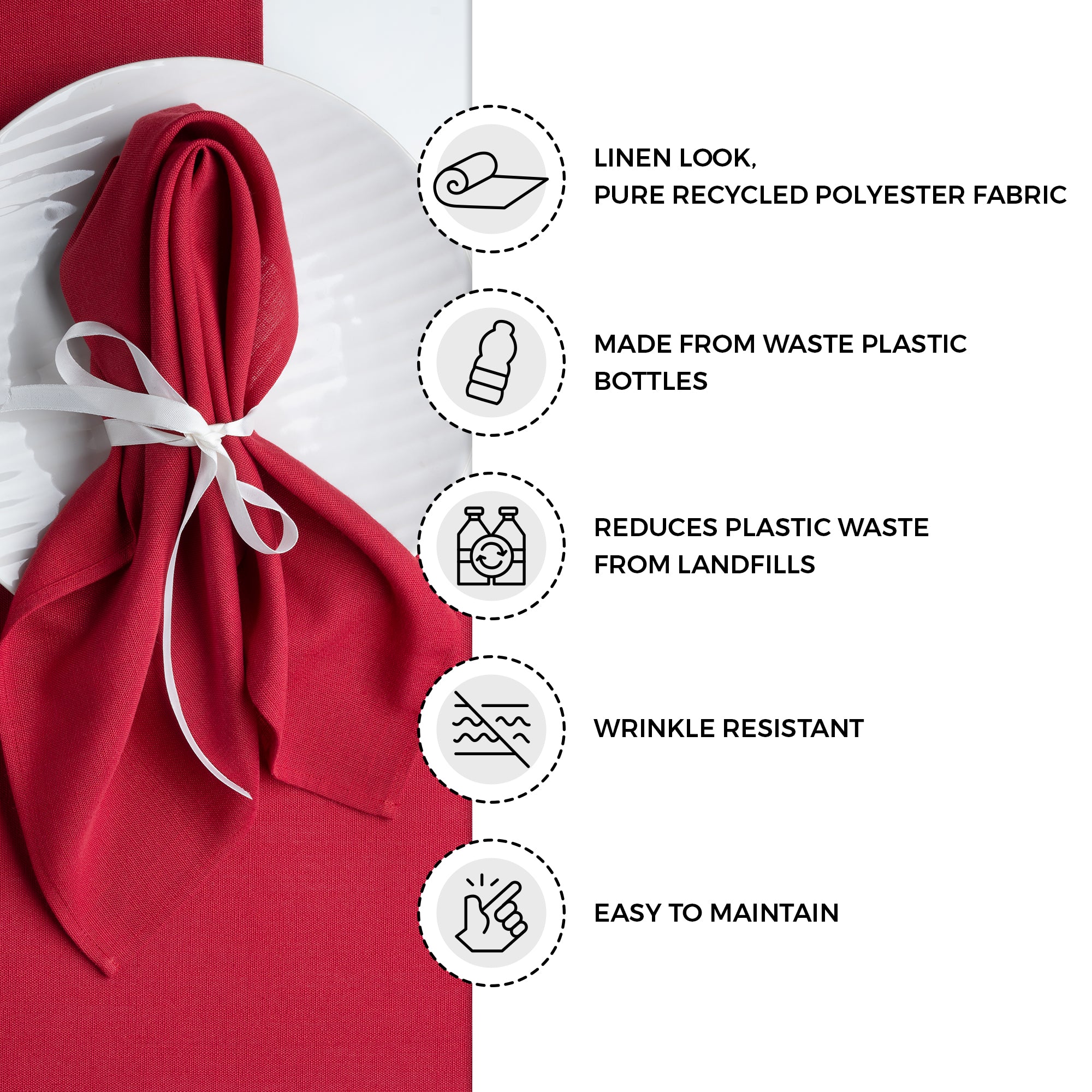Red faux linen placemats with matching D'Moksha table linens