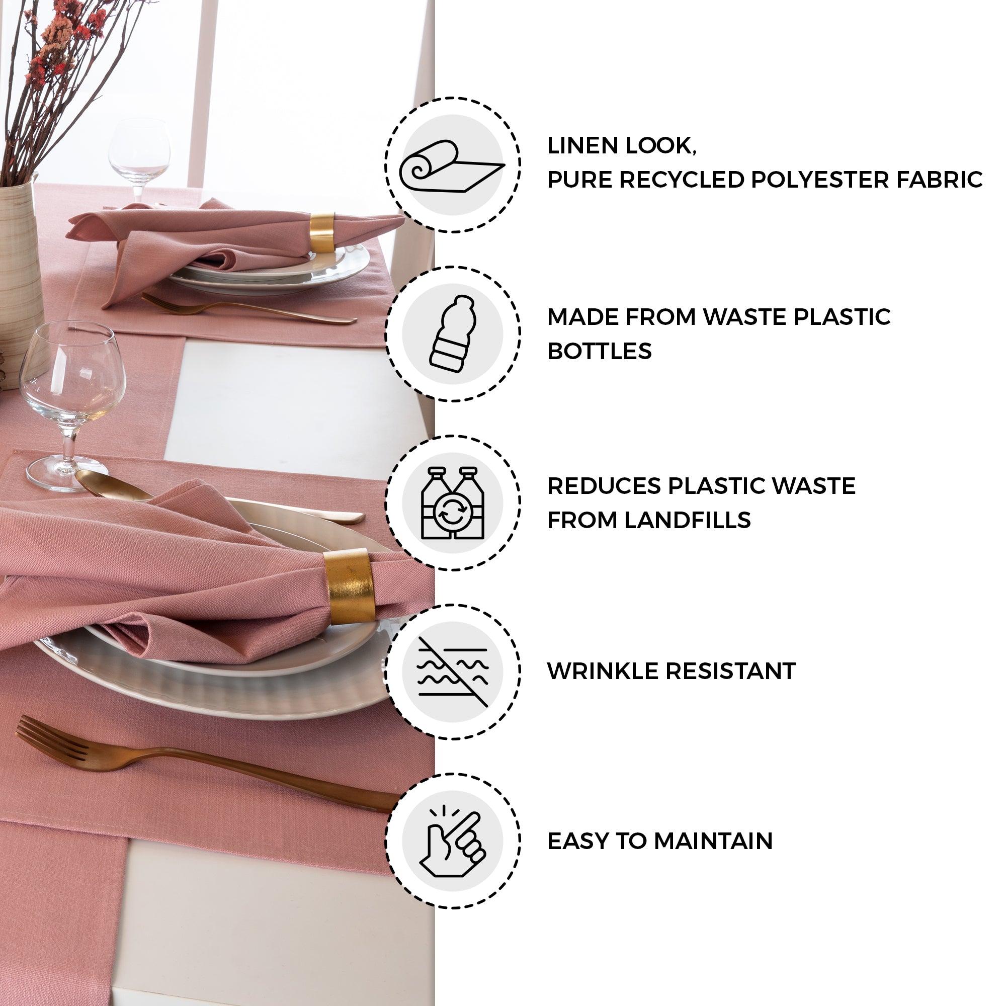 Dusty pink faux linen placemats with matching D'Moksha table linens