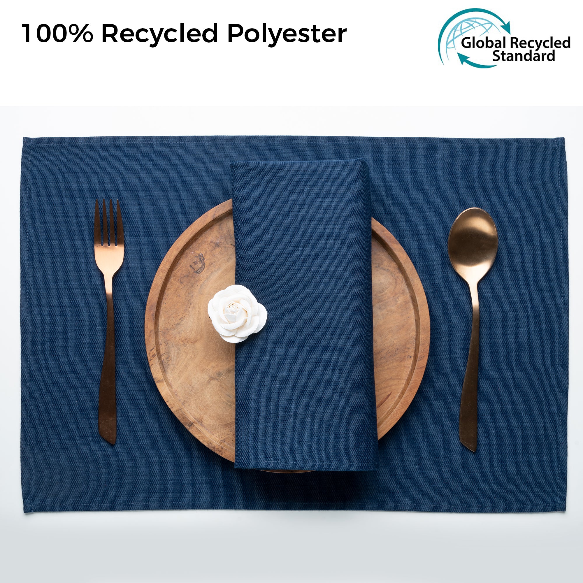 Navy blue faux linen placemats styled on a dining table
