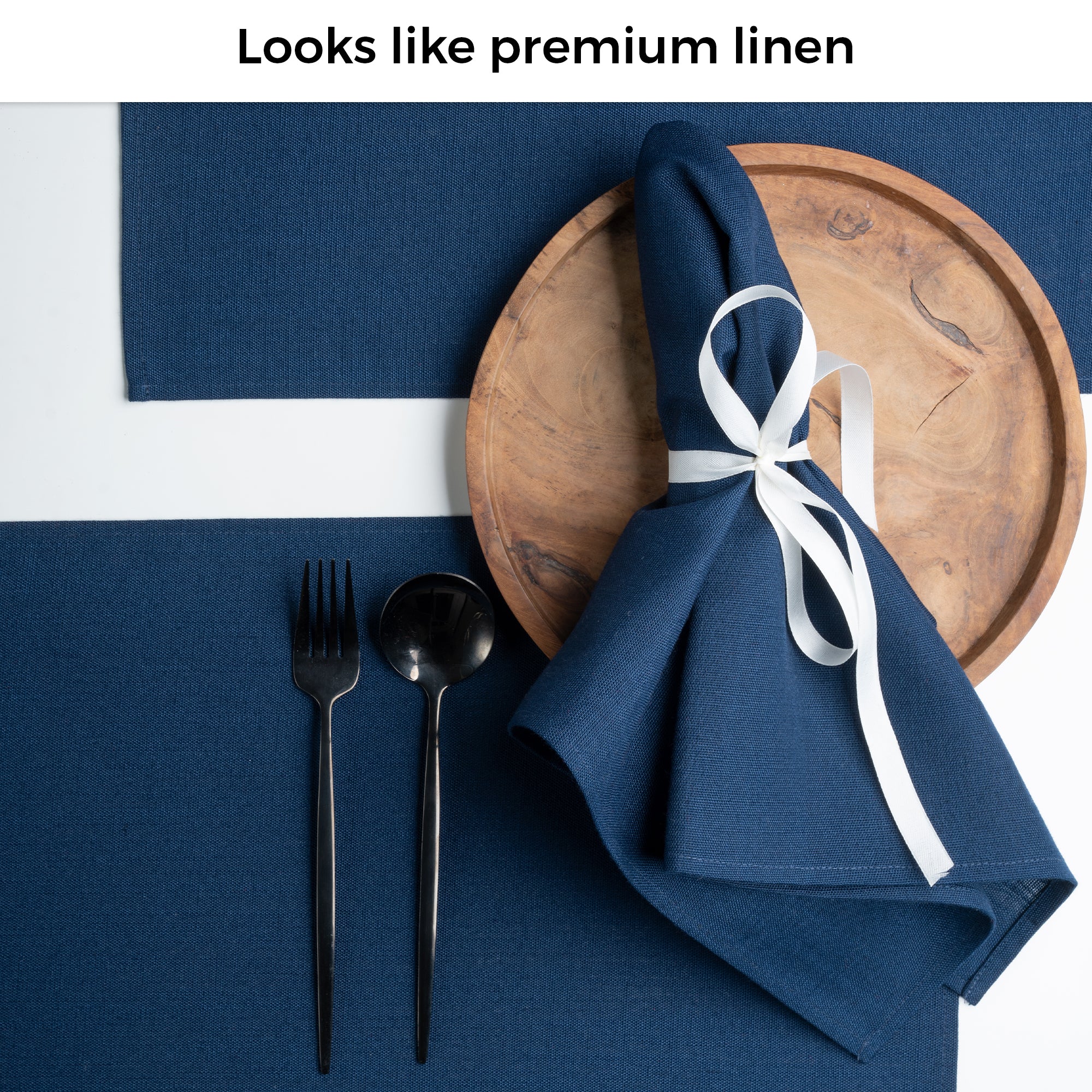 Close-up of the weave on navy blue faux linen placemats