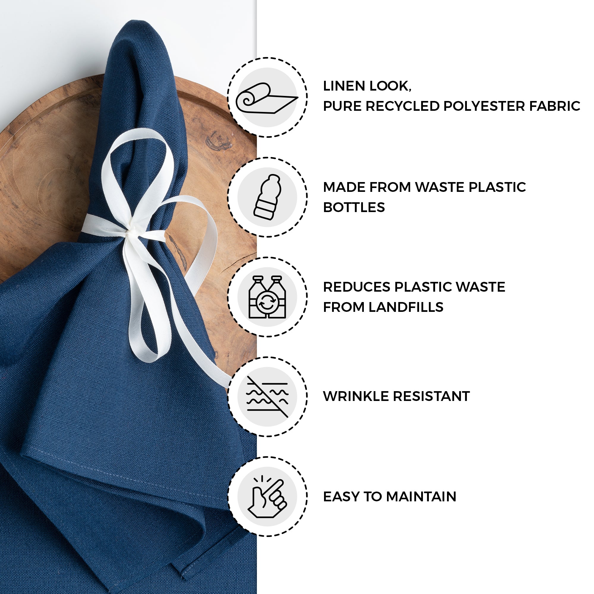 Navy blue faux linen placemats with matching D'Moksha table linens