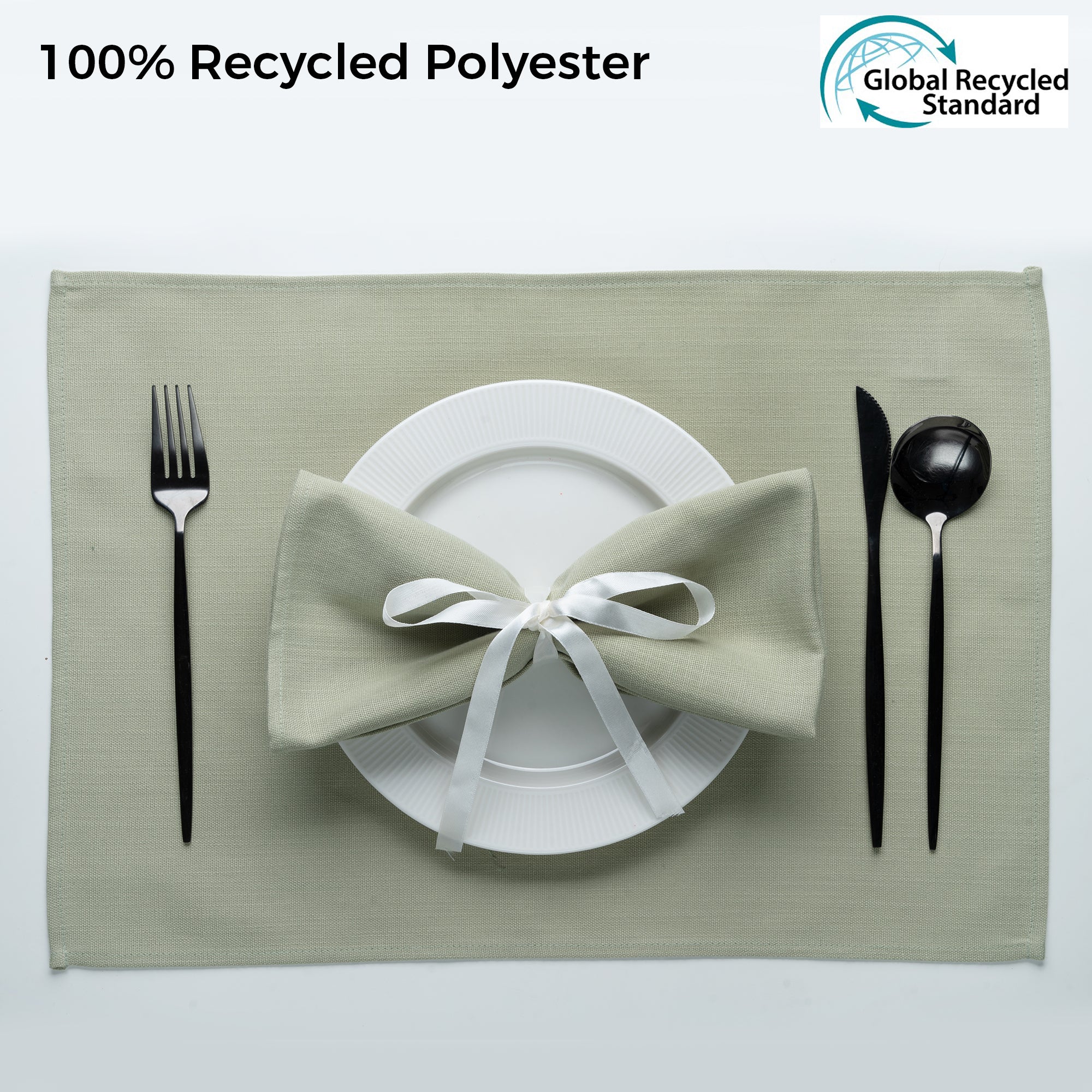 Sage green faux linen placemats styled on a dining table