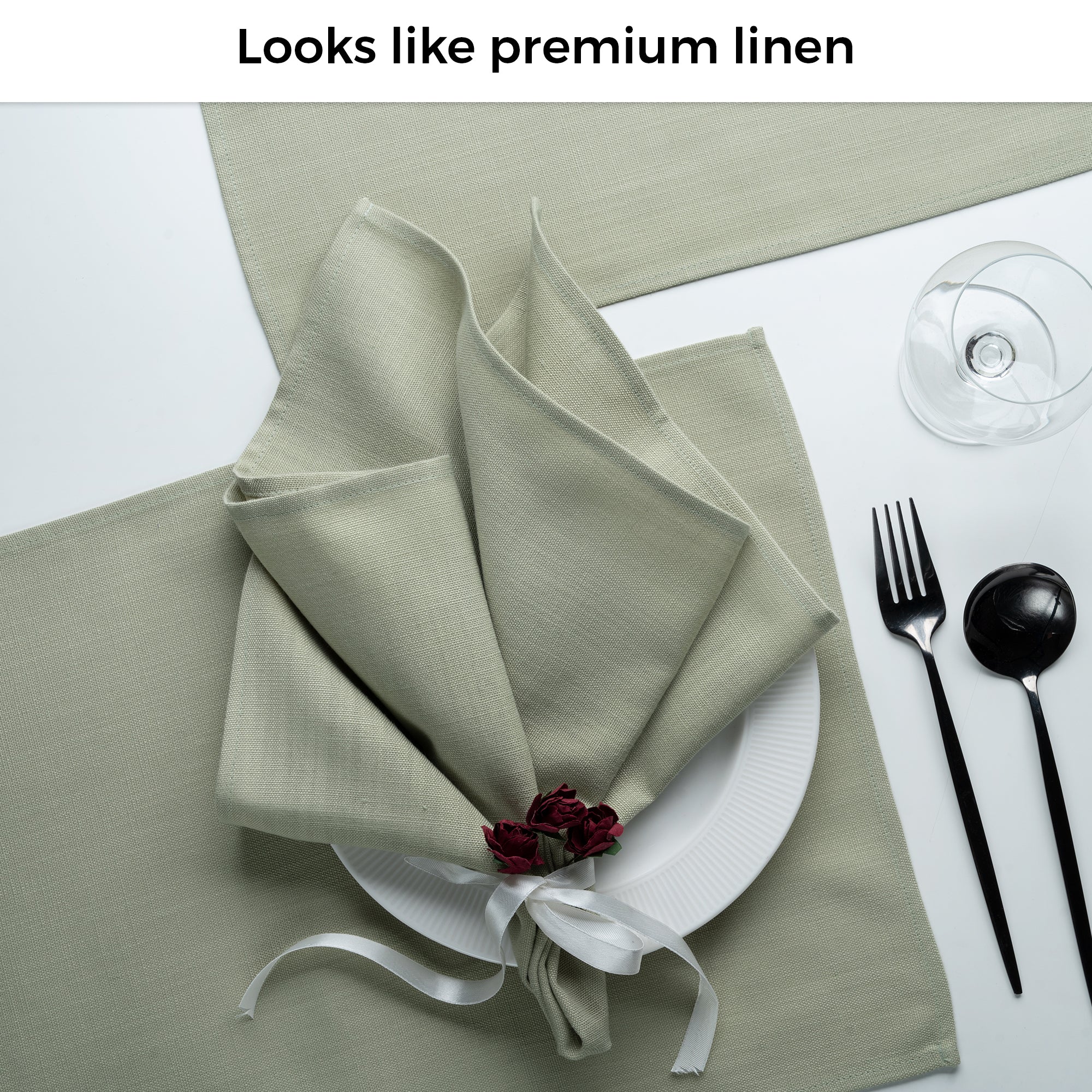 Close-up of the weave on sage green faux linen placemats