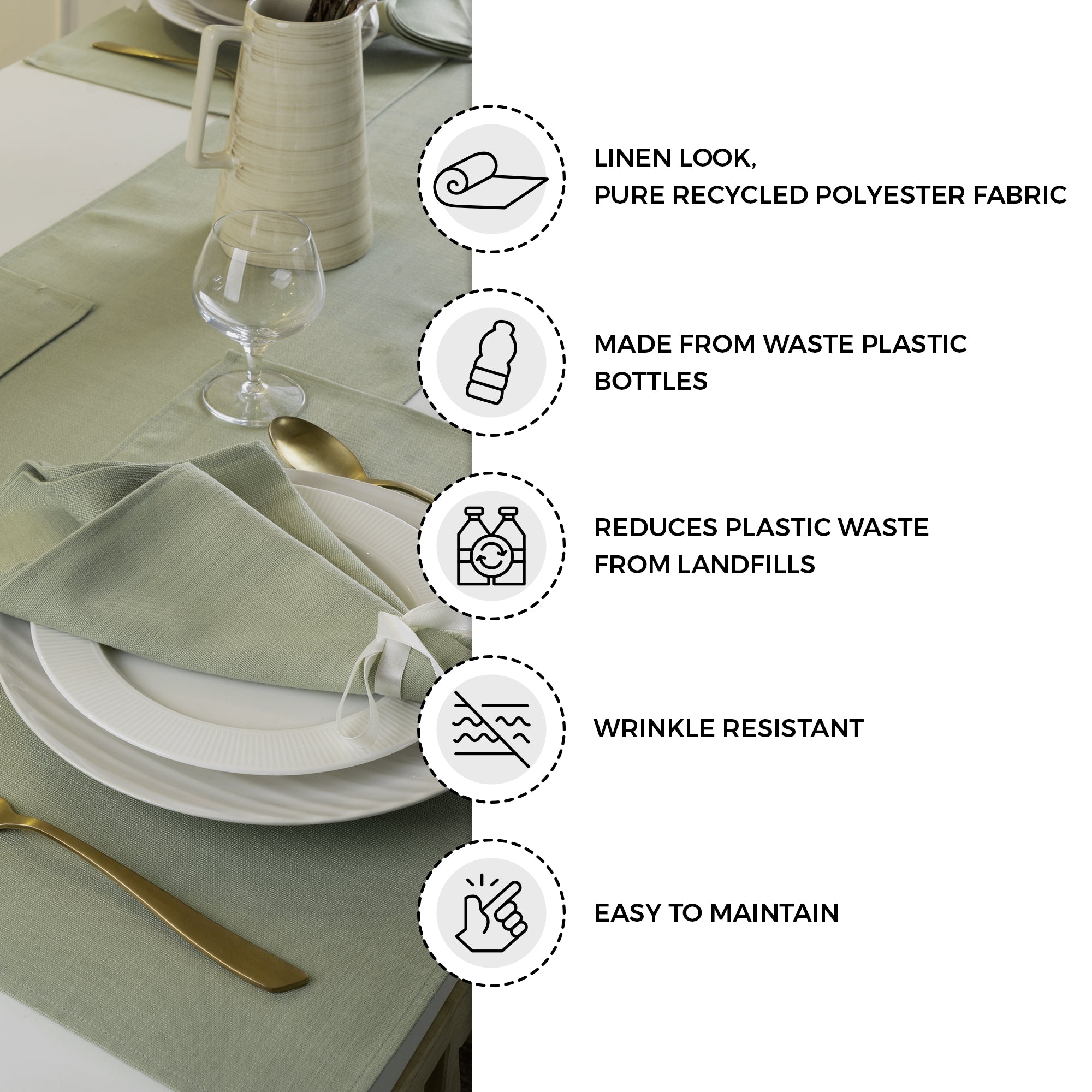 Sage green faux linen placemats with matching D'Moksha table linens