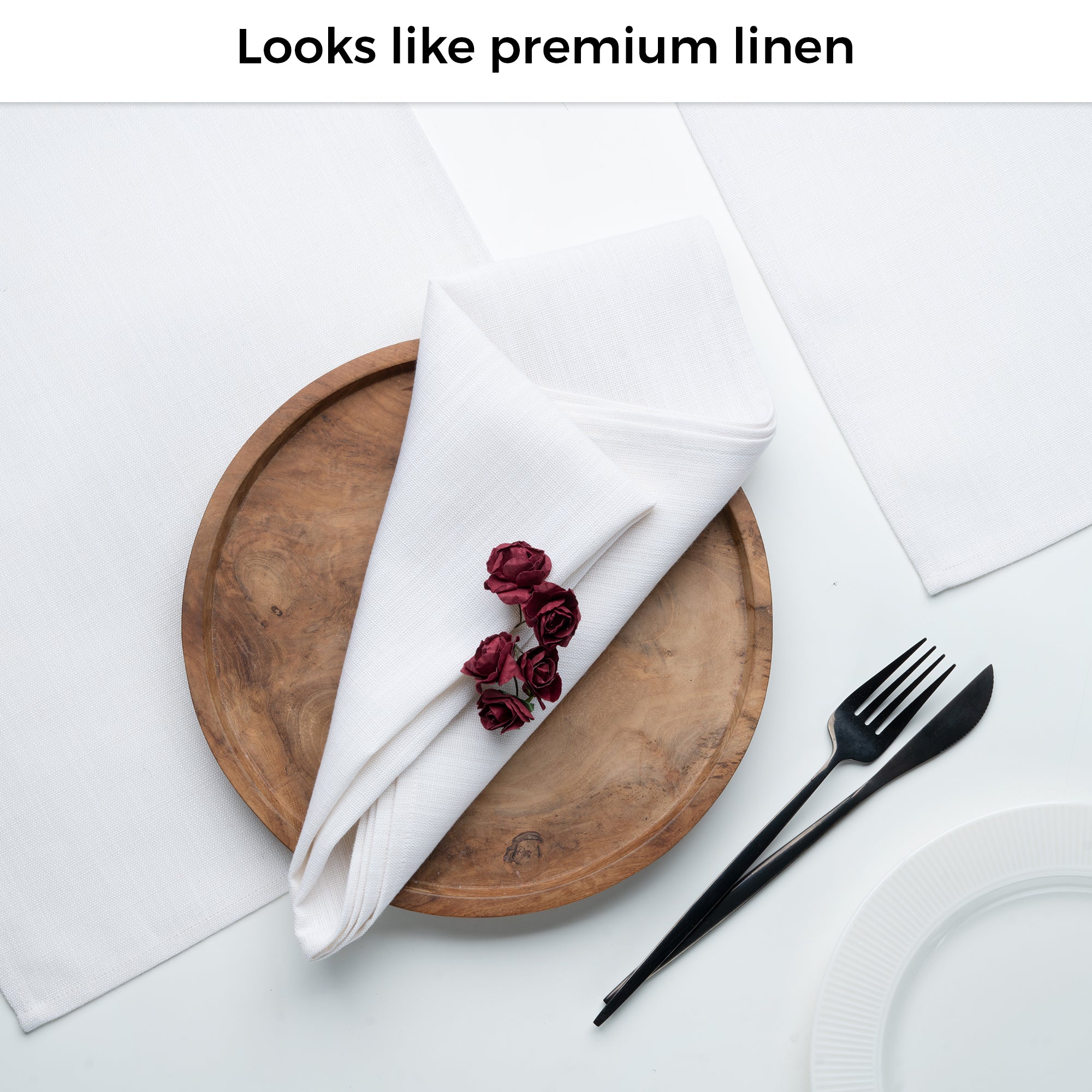 Close-up of the weave on chambray cream and white faux linen placemats