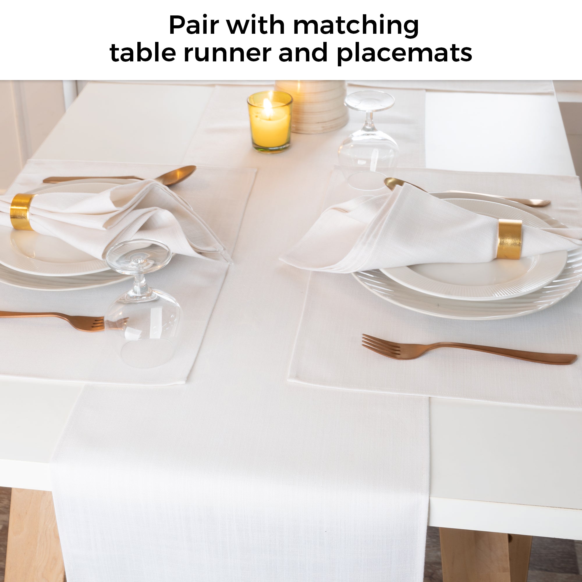 Chambray cream and white faux linen placemats folded to show fabric texture