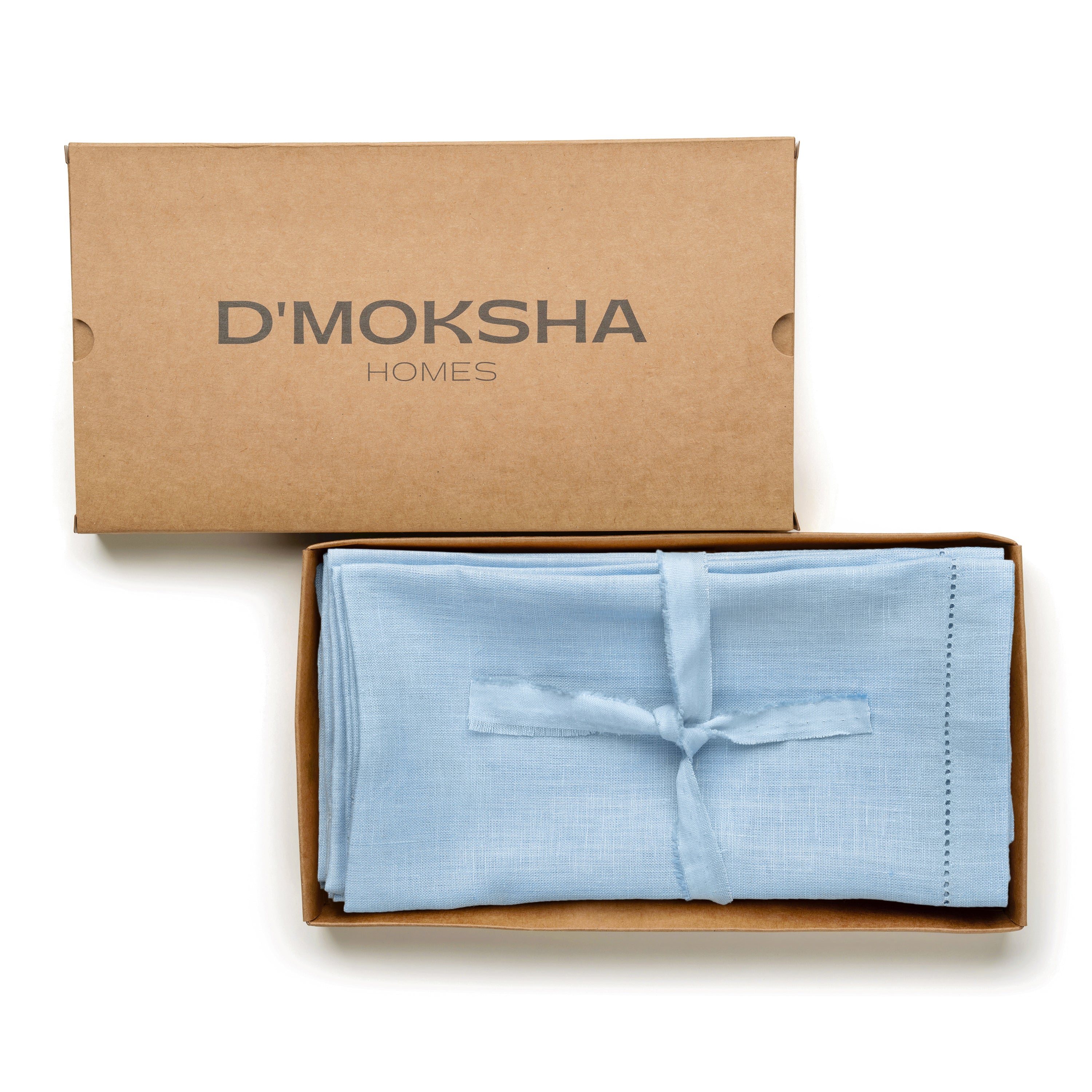 Powder blue pure linen dinner napkins with matching D'Moksha table linens