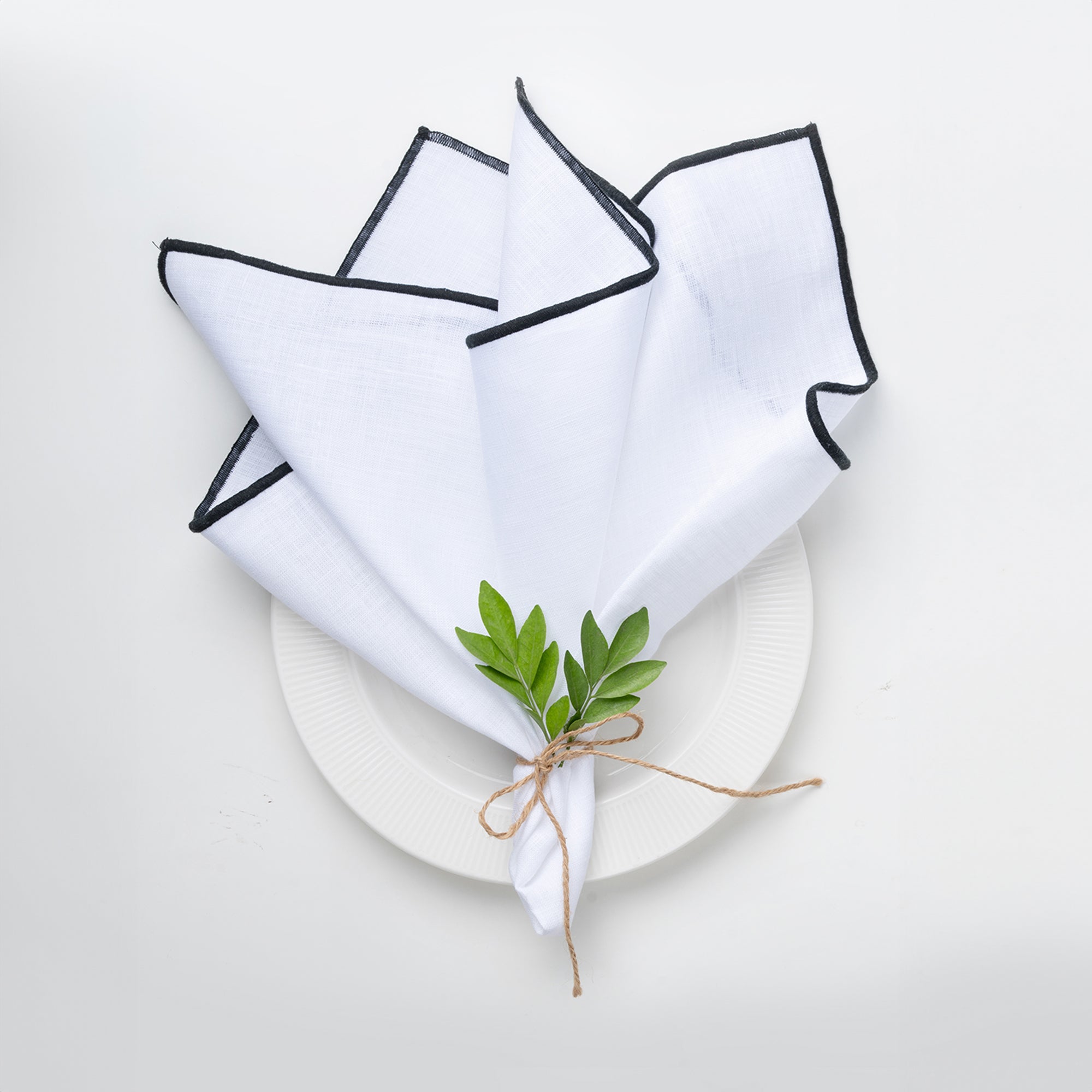 White and black pure linen dinner napkins with marrow edge, 20 x 20 inches, set of 4