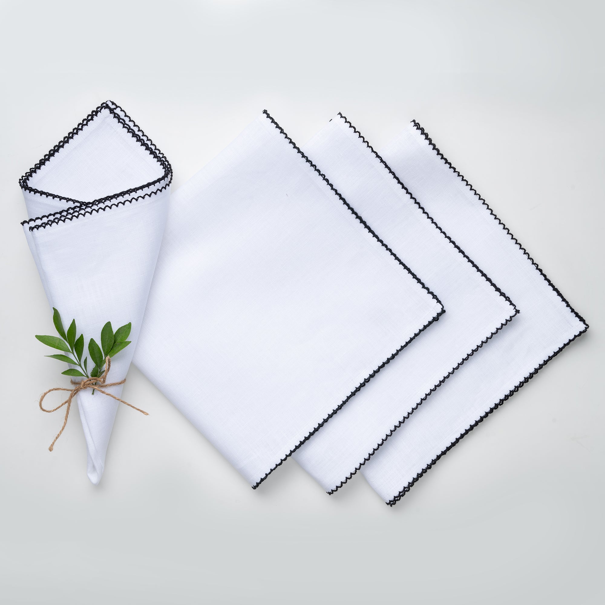 White and black pure linen dinner napkins with whipstitch edge, 20 x 20 inches, set of 4