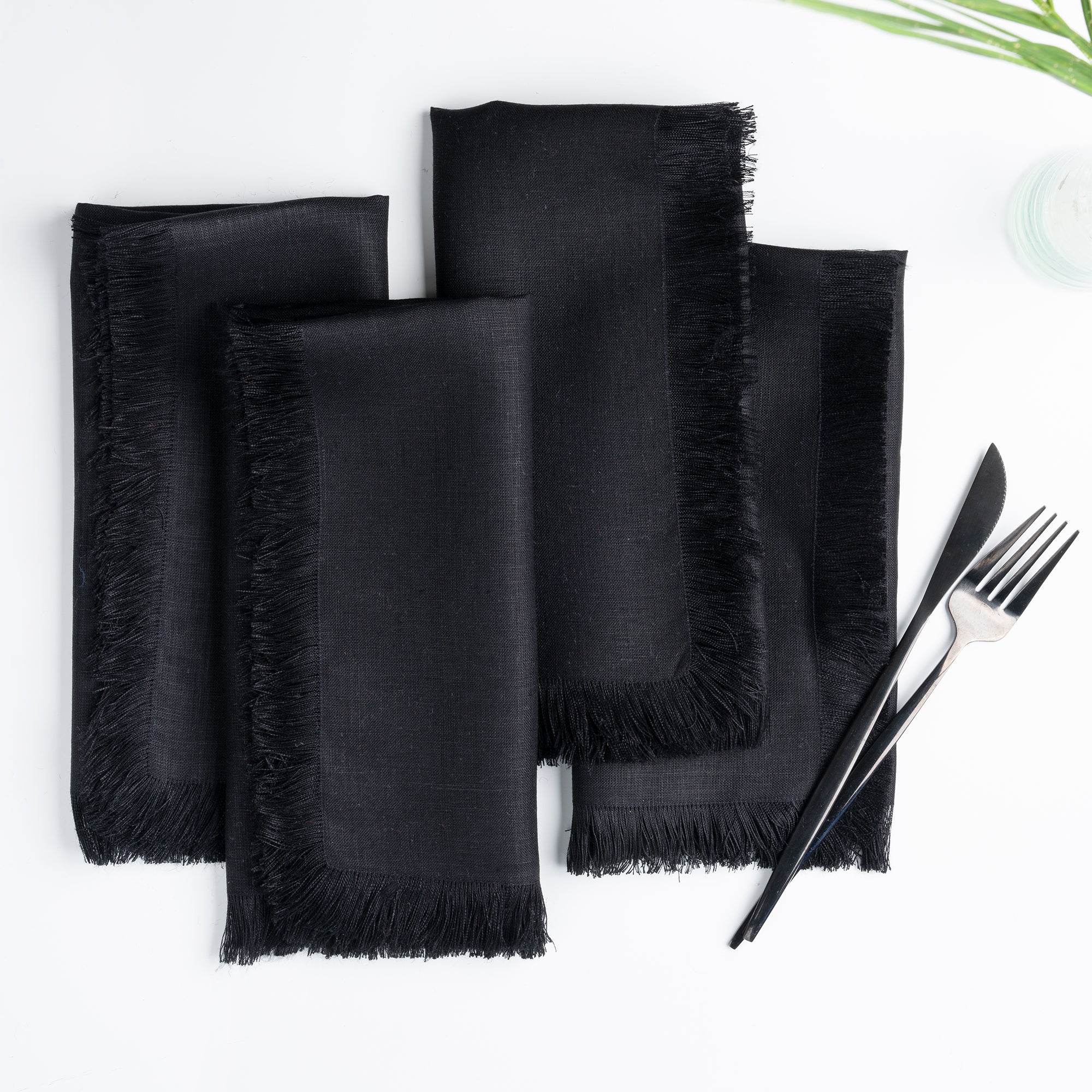 Black pure linen dinner napkins with fringed edge, 20 x 20 inches, set of 4