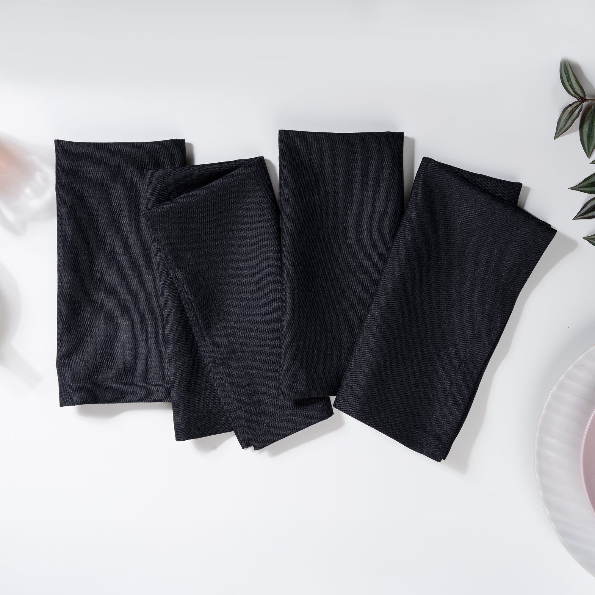 Black faux linen dinner napkins with mitered corners, 20 x 20 inches, set of 4