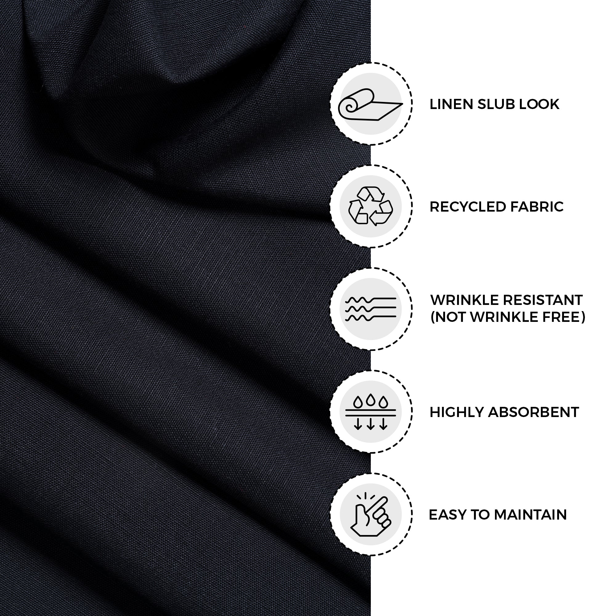 Close-up of the mitered corners on black faux linen dinner napkins