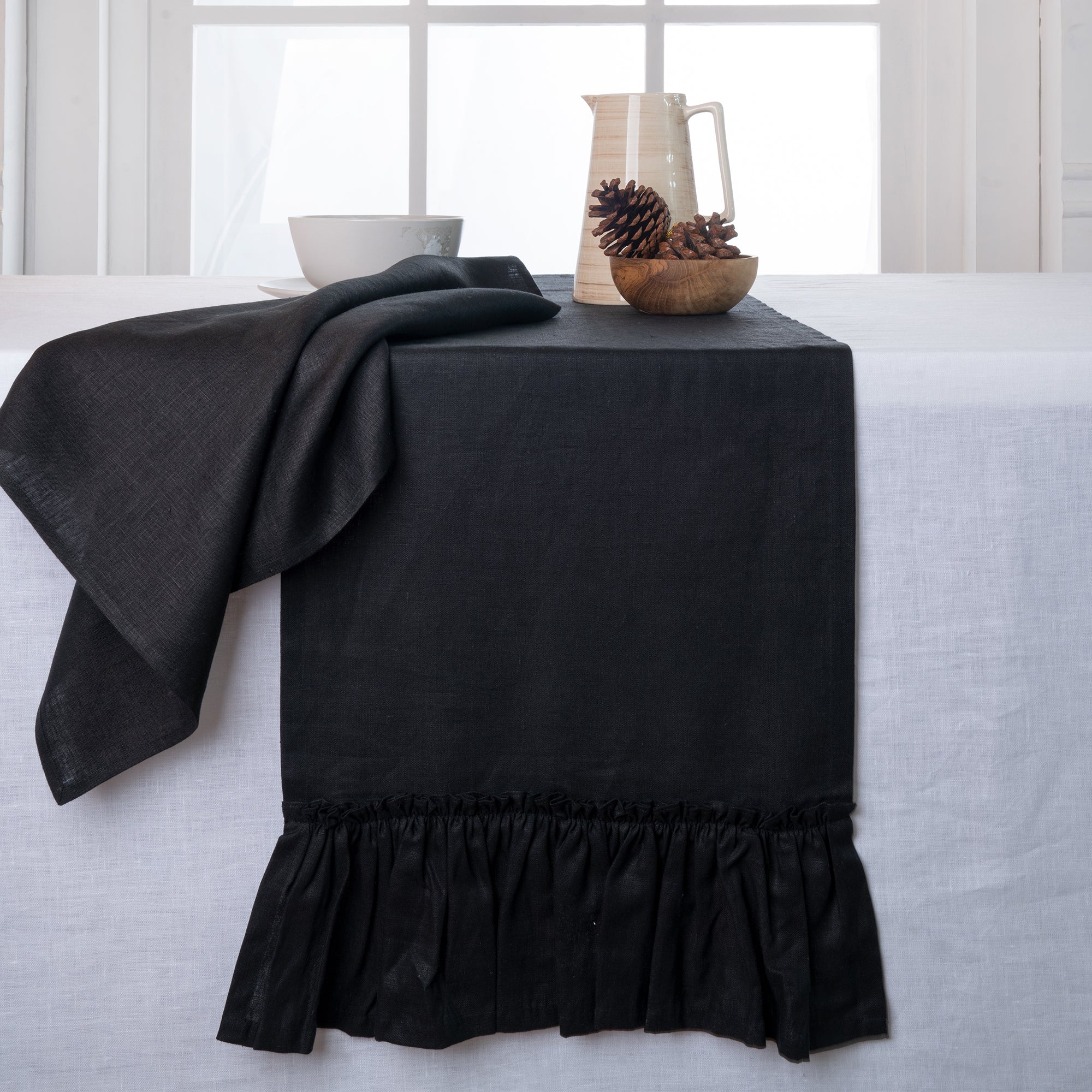 Black pure linen table runner with ruffled edge, 14 x 72 inches