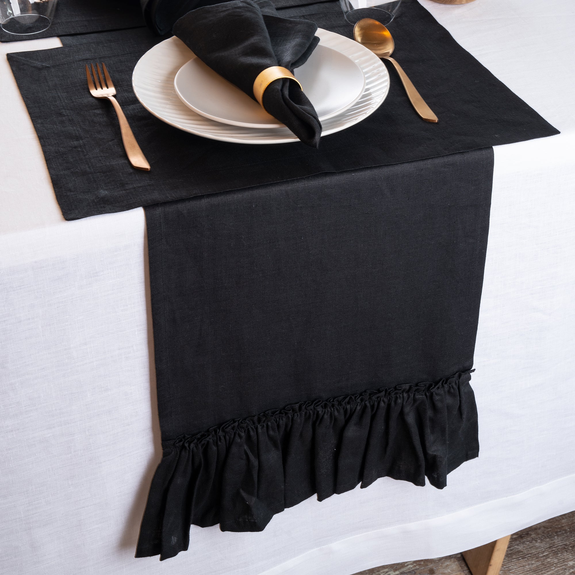 Black pure linen table runner with matching D'Moksha table linens