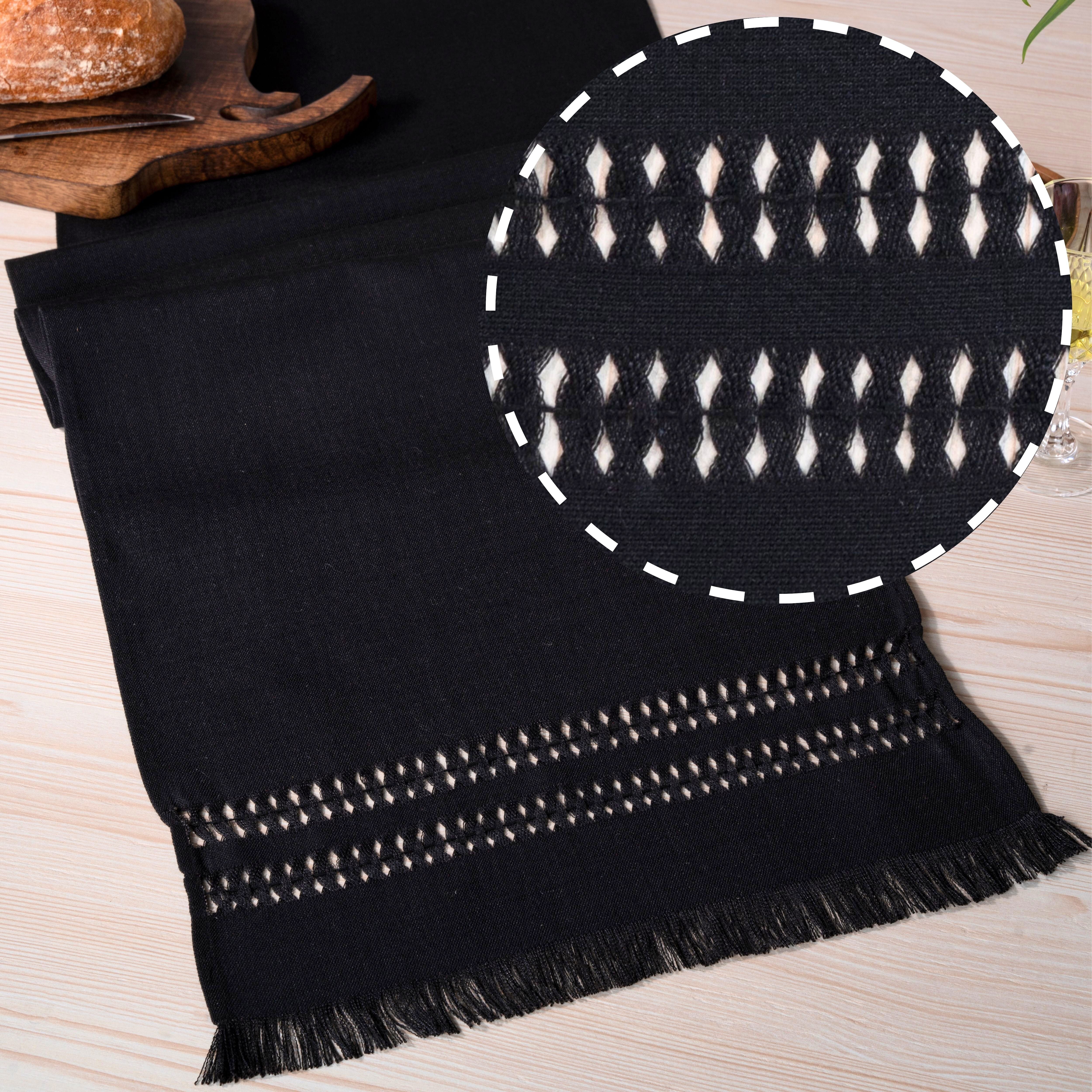 Black faux linen table runner with hand-hemstitch edge, 14 x 72 inches