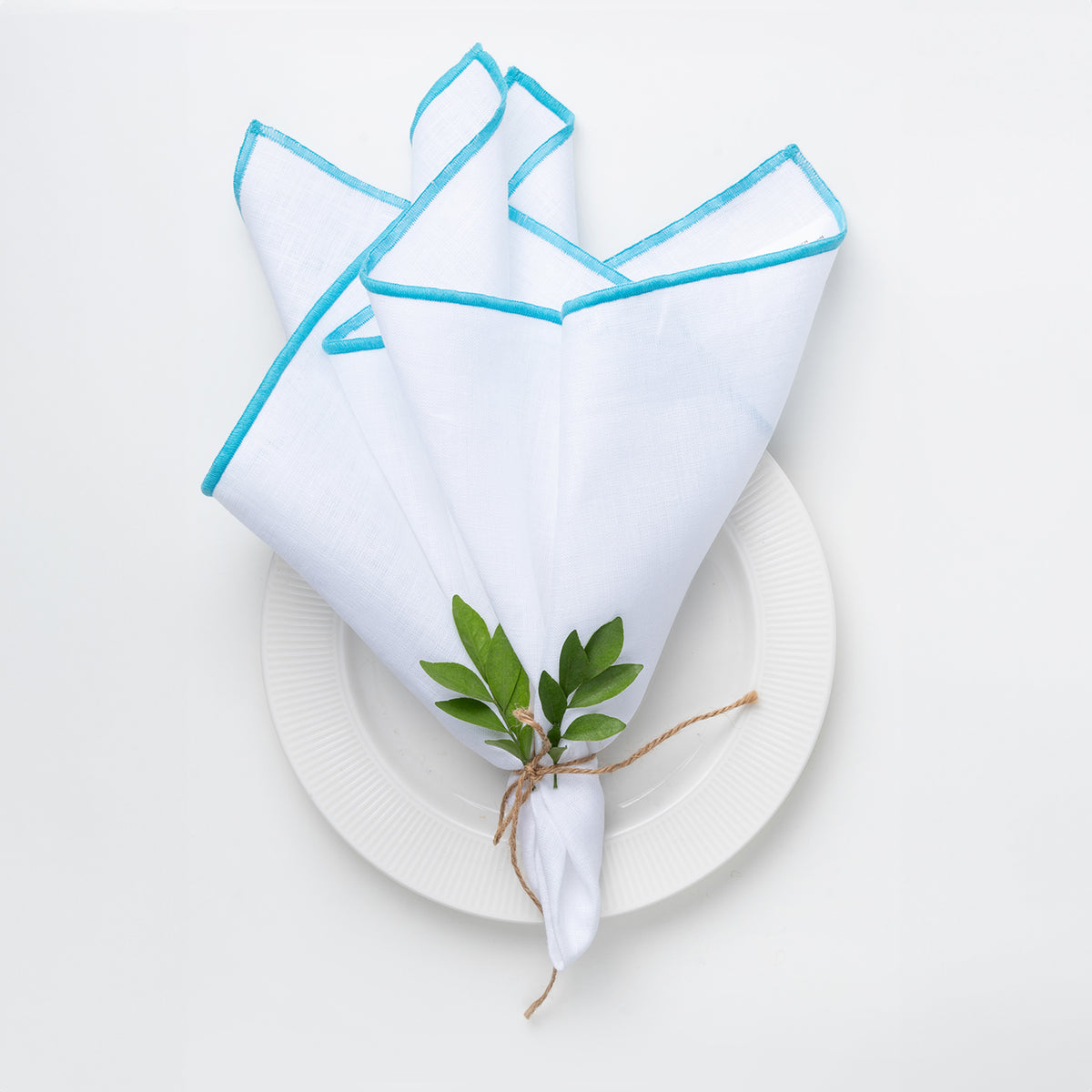White and blue pure linen dinner napkins with marrow edge, 20 x 20 inches, set of 4