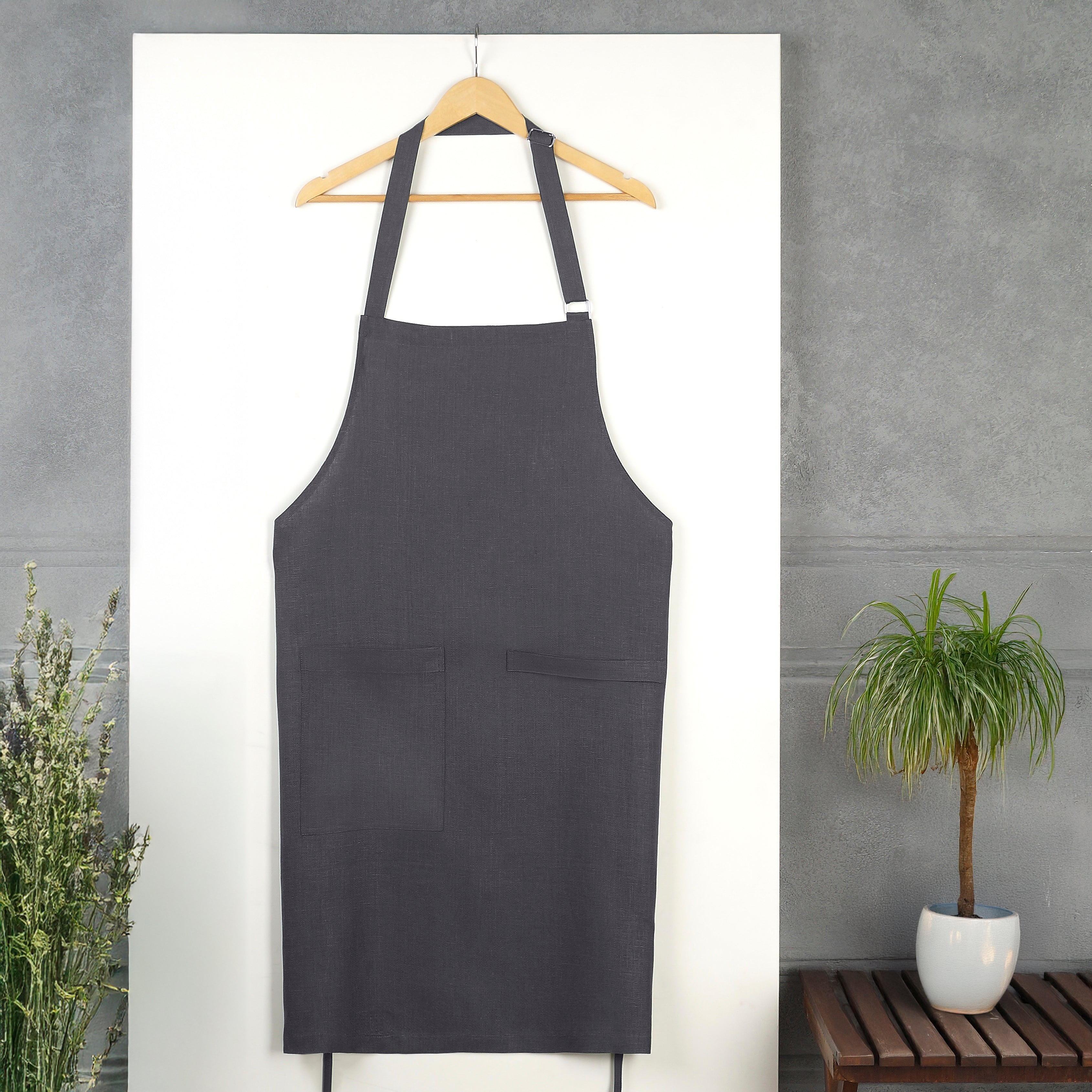 Charcoal Grey Linen Apron - Adjustable Strap
