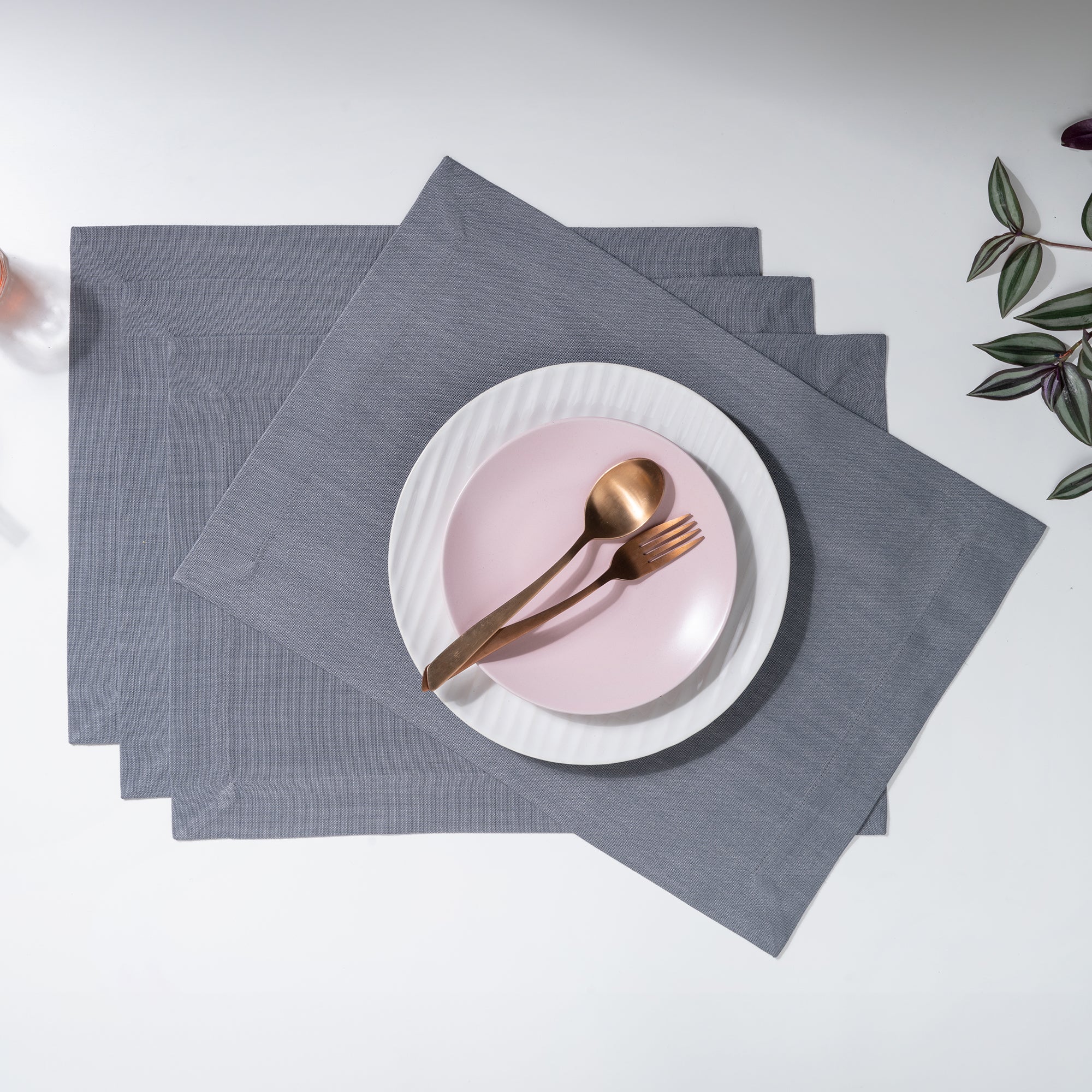 Charcoal grey faux linen placemats with mitered corners, 14 x 19 inches, set of 4