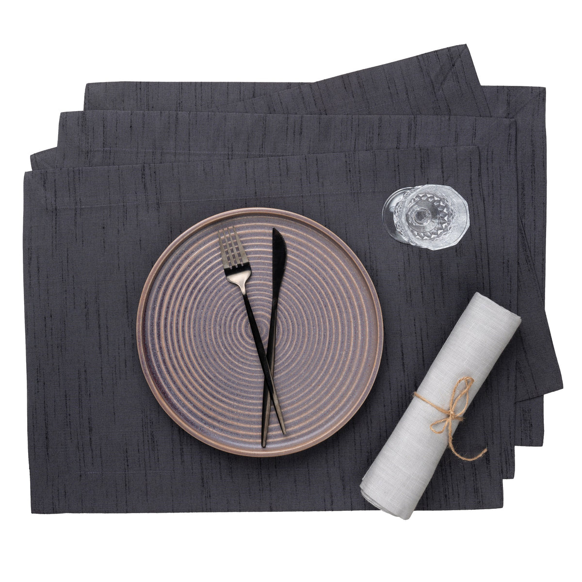 Charcoal grey Luxe Shine placemats with mitered corners, 14 x 19 inches, set of 4