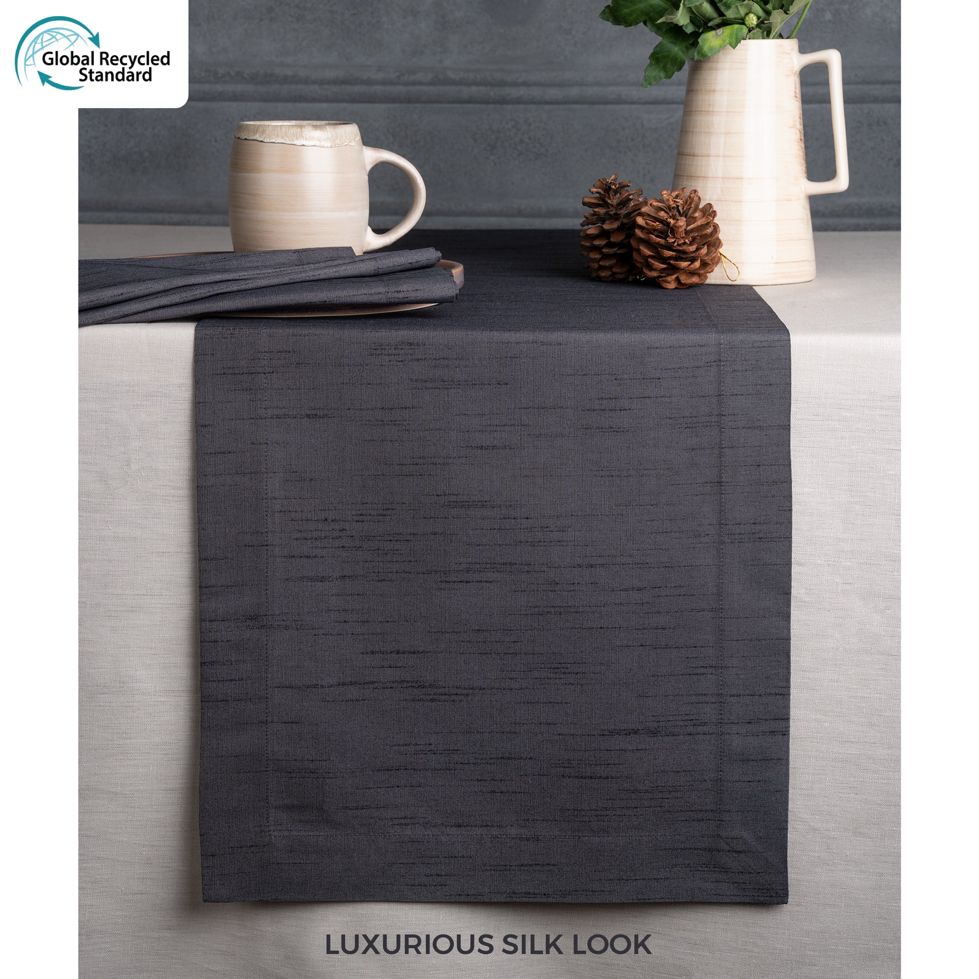 Charcoal grey Luxe Shine table runner styled on a dining table