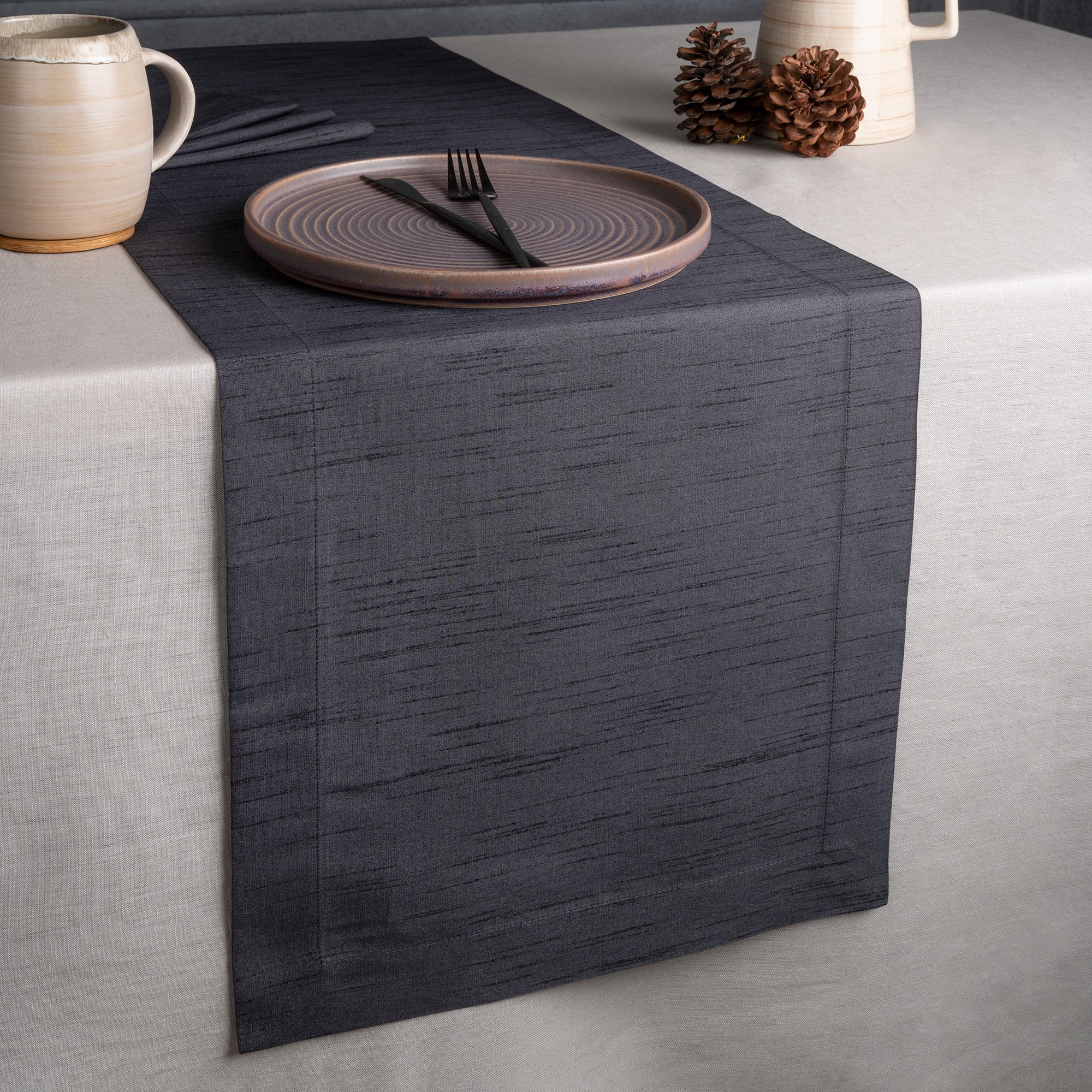 Charcoal grey Luxe Shine table runner with mitered corners, 14 x 36 inches