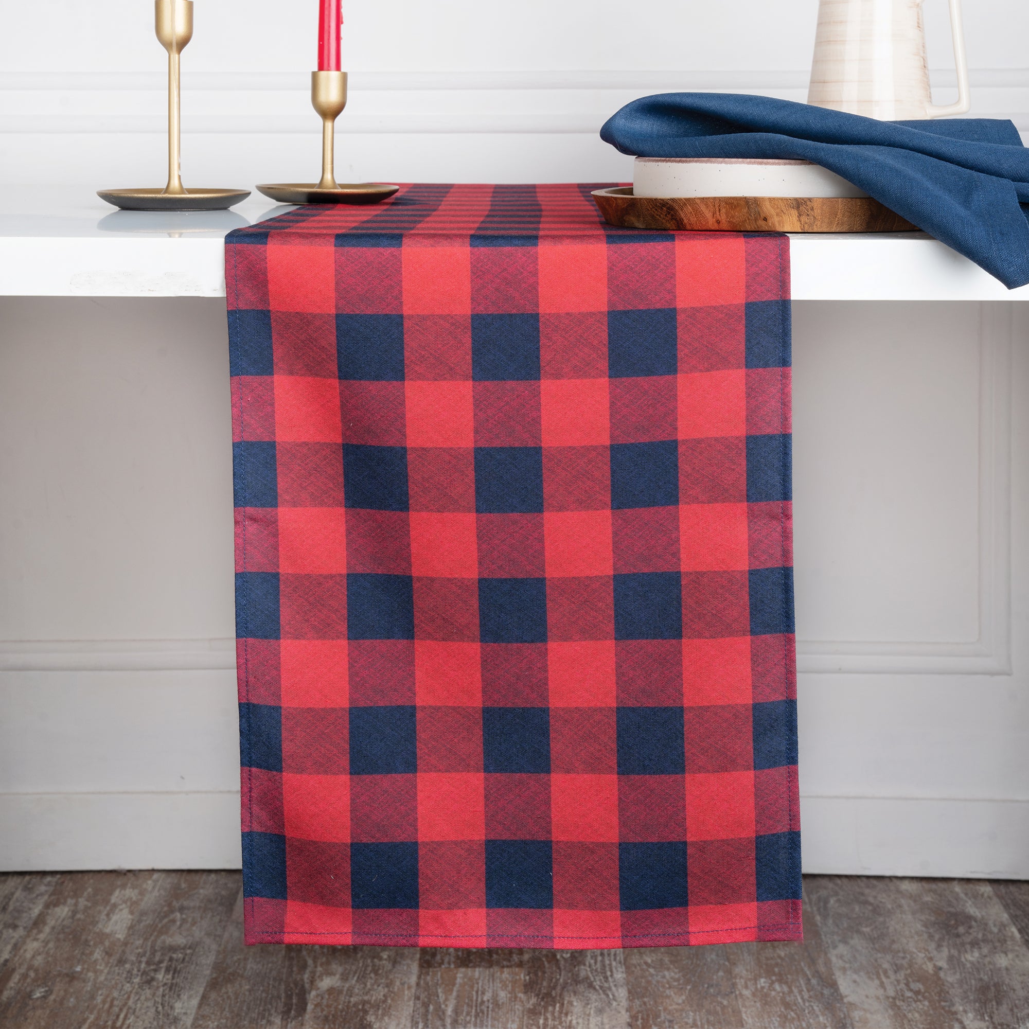 Red and navy blue linen table runner with buffalo check pattern, 13 x 36 inches