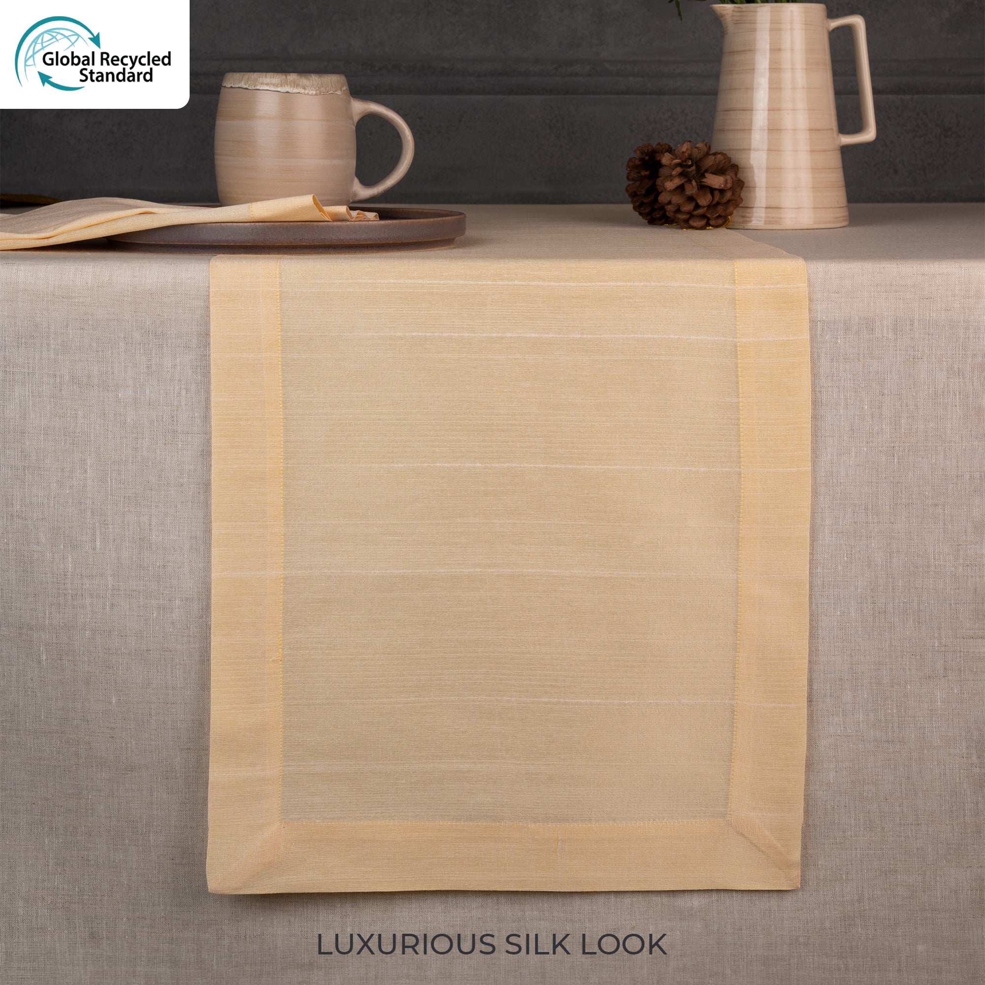 Cream Luxe Shine table runner styled on a dining table