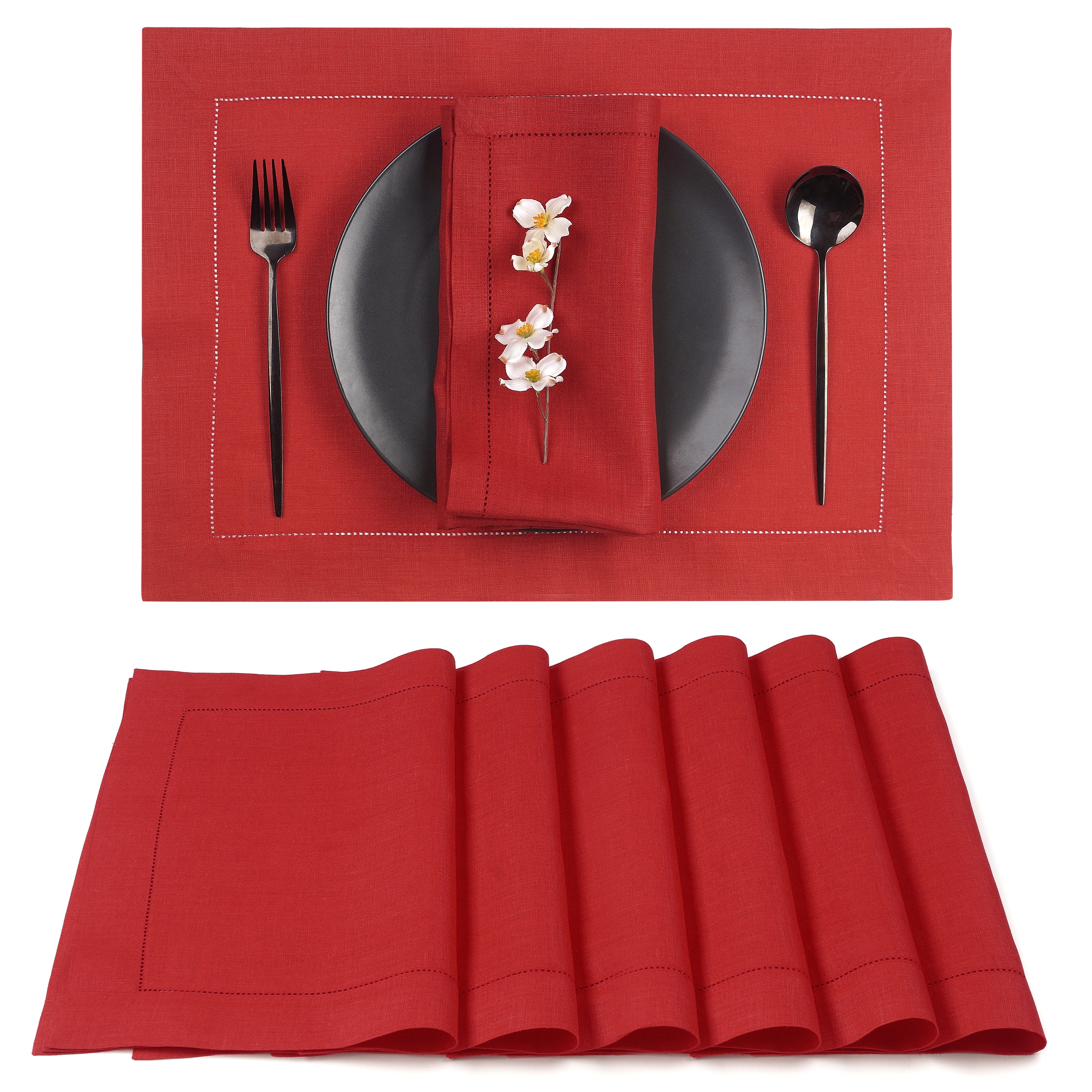 Bright Red Linen Placemats, Hemstitch, 14 x 19 inch, 6 pcs
