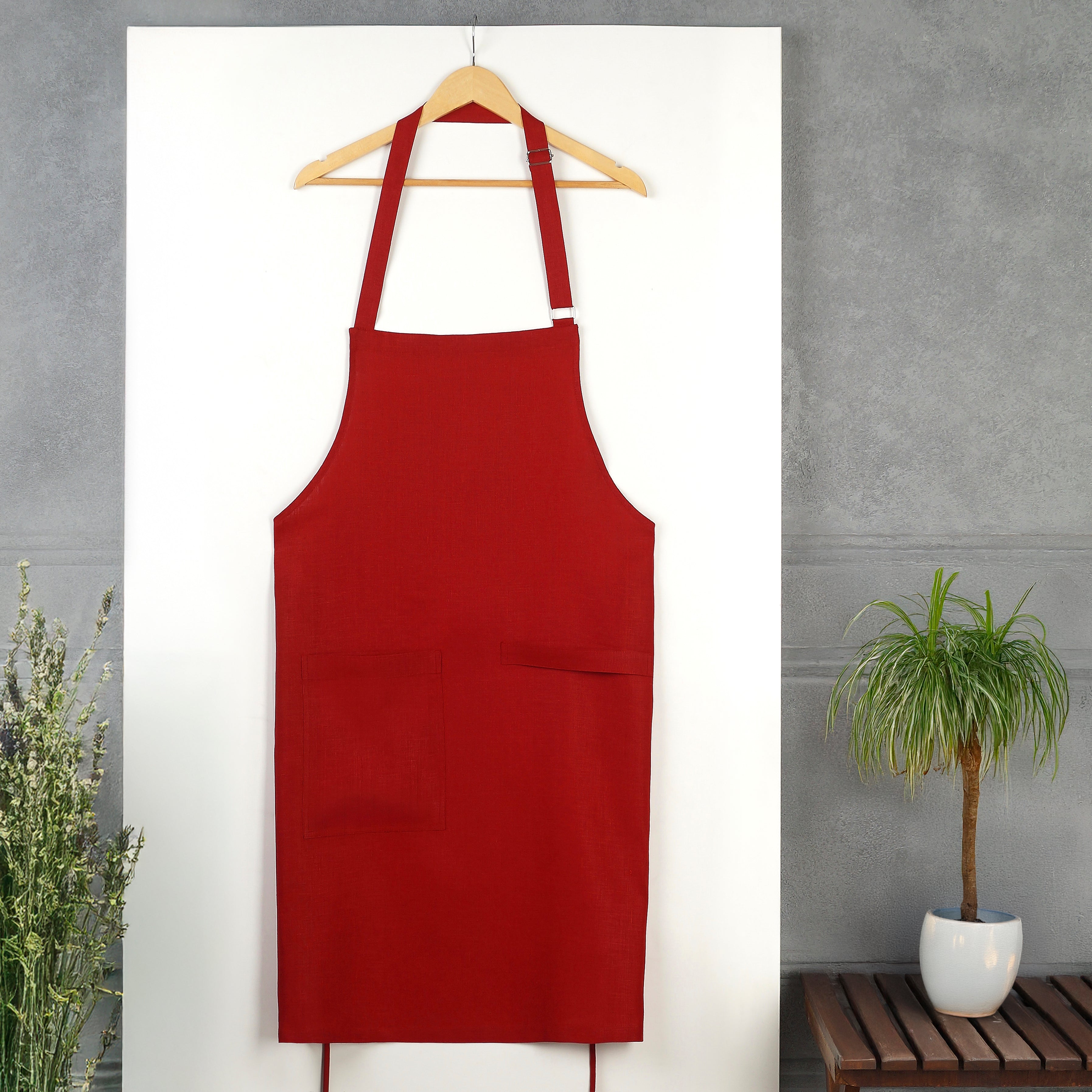 Red Linen Apron - Adjustable Strap