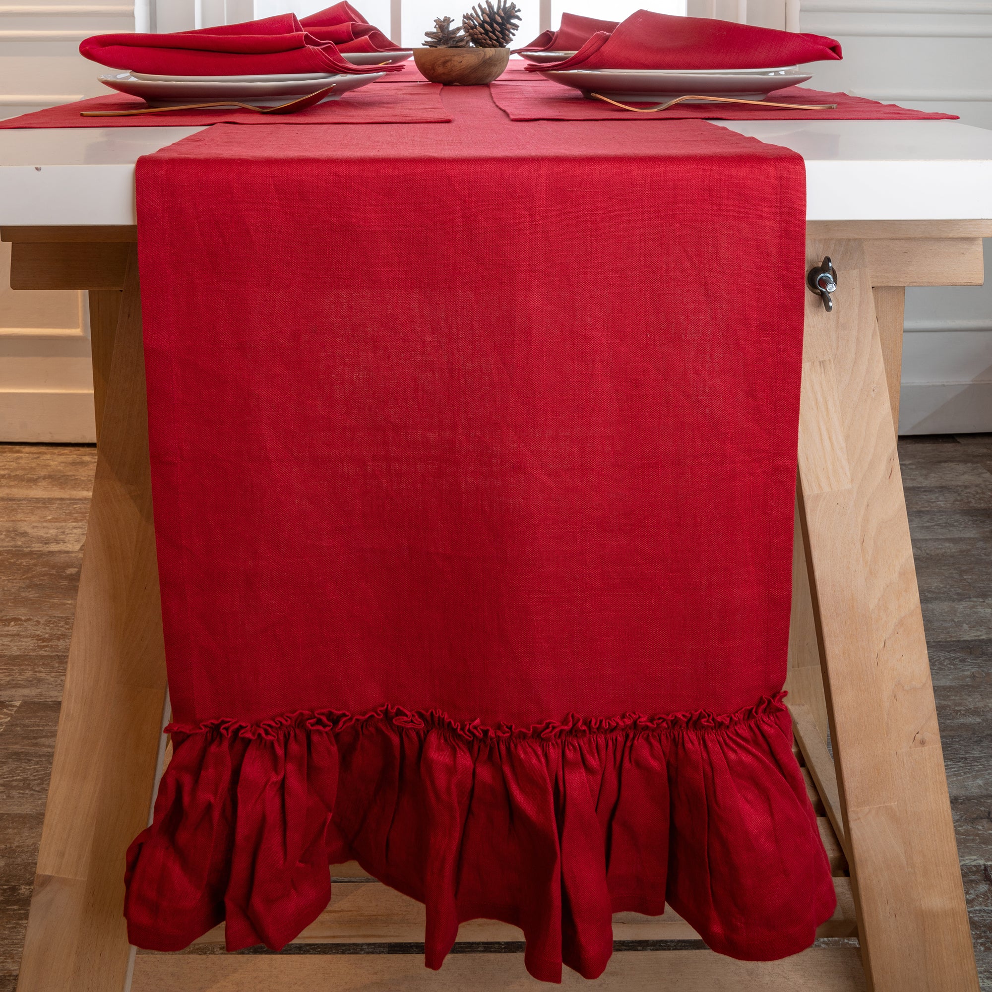 Red pure linen table runner with ruffled edge, 14 x 72 inches
