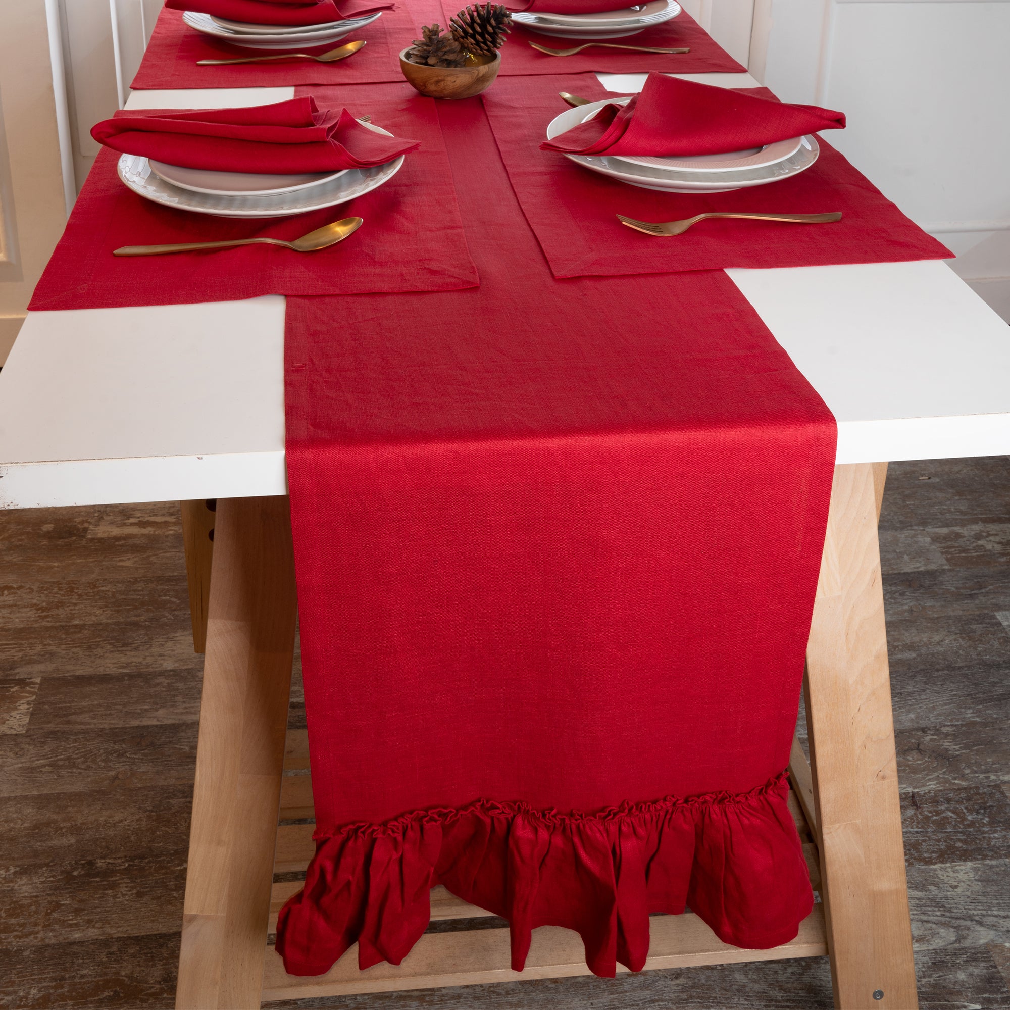 Red pure linen table runner with matching D'Moksha table linens