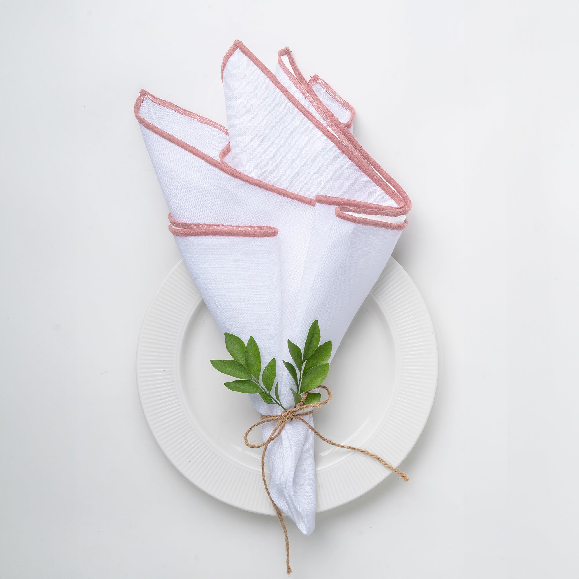 White and dusty pink pure linen dinner napkins with marrow edge, 20 x 20 inches, set of 4