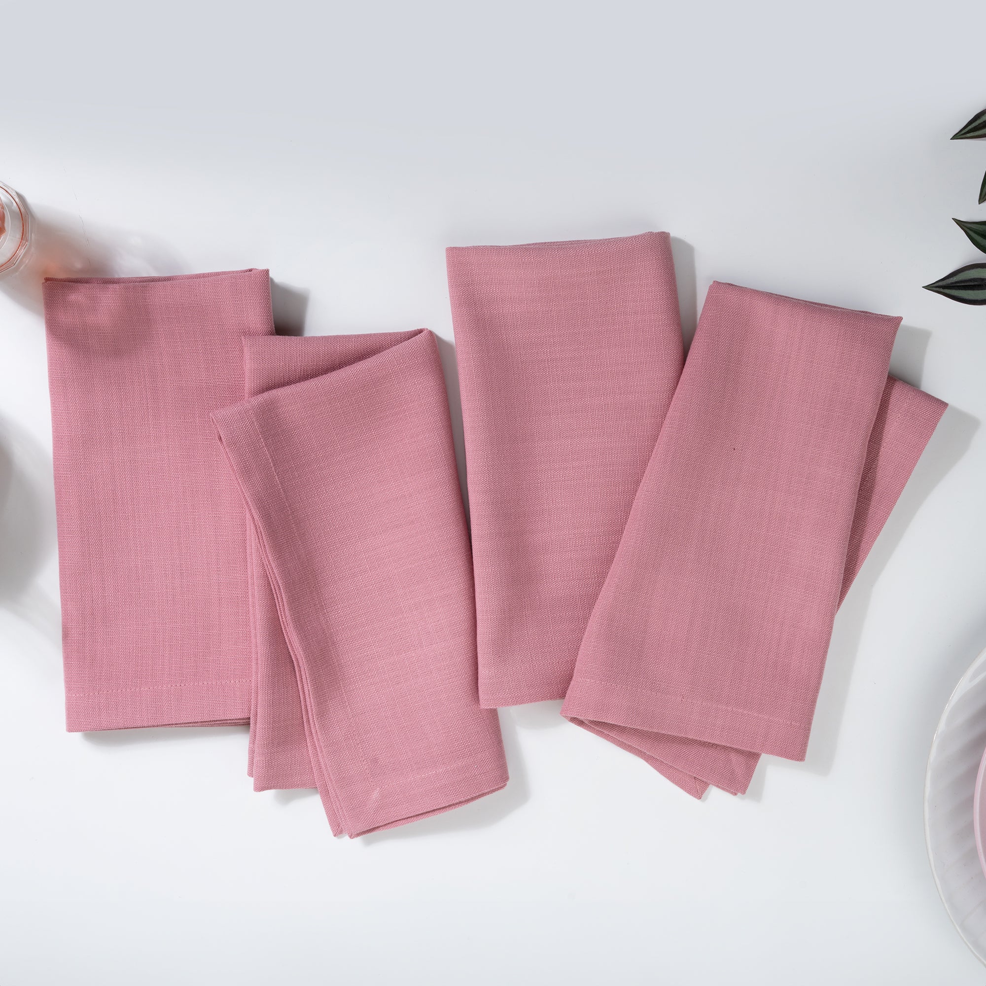 Dusty pink faux linen dinner napkins with mitered corners, 20 x 20 inches, set of 4