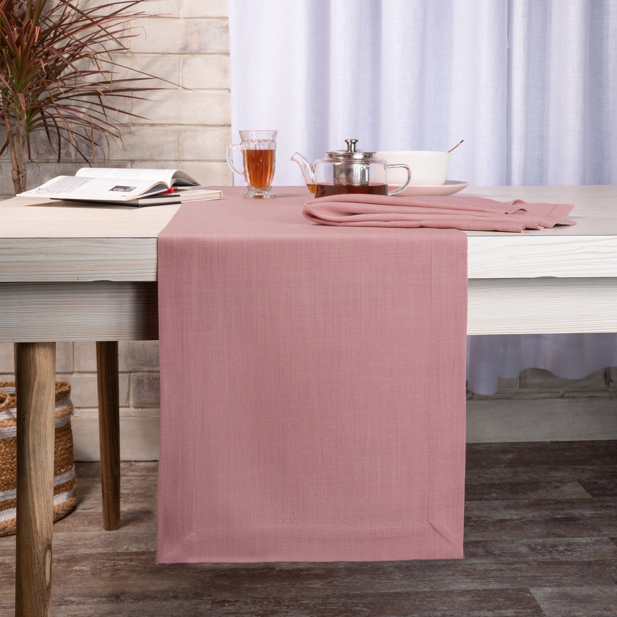 Dusty pink faux linen table runner with mitered corners, 14 x 36 inches