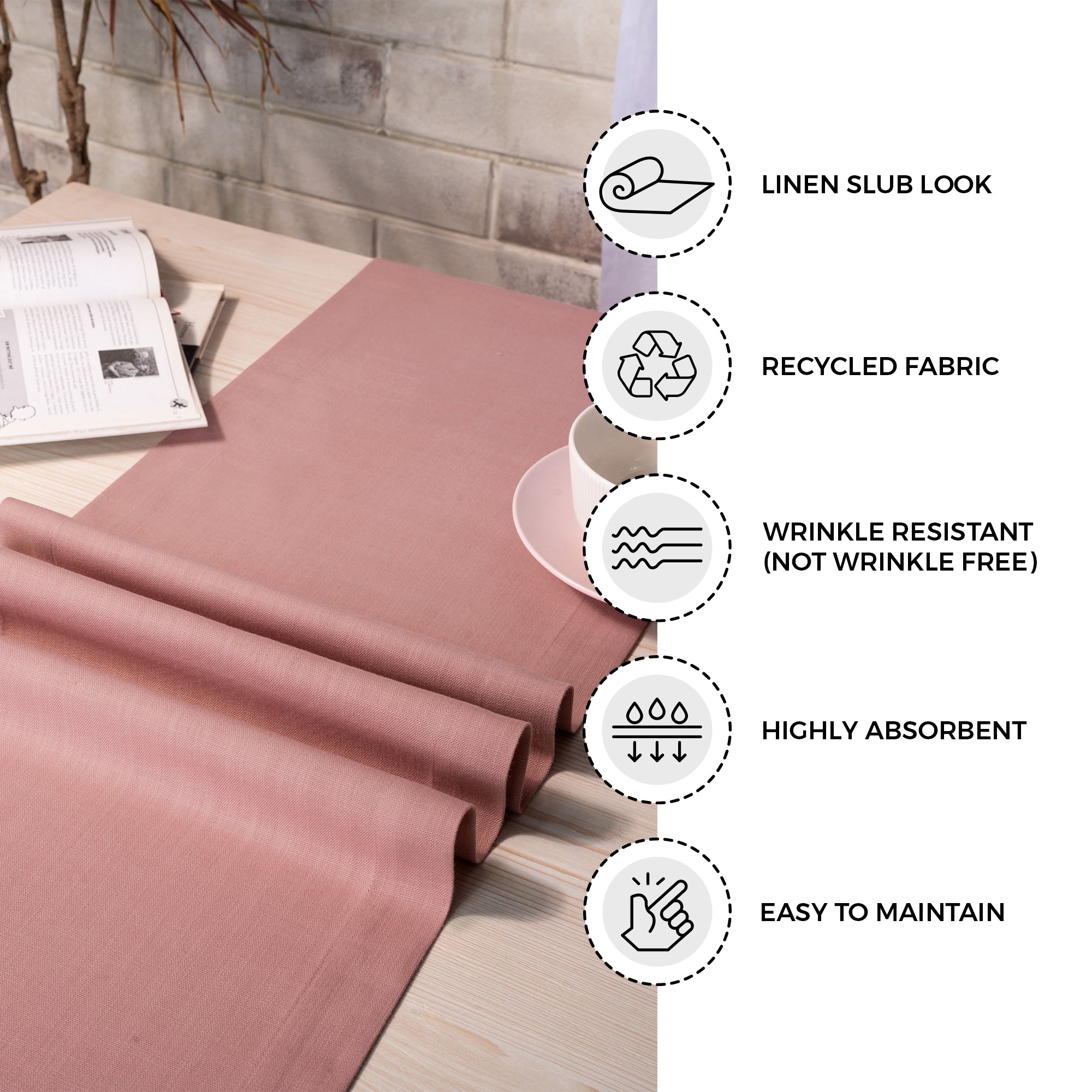 Dusty pink faux linen table runner with matching D'Moksha table linens