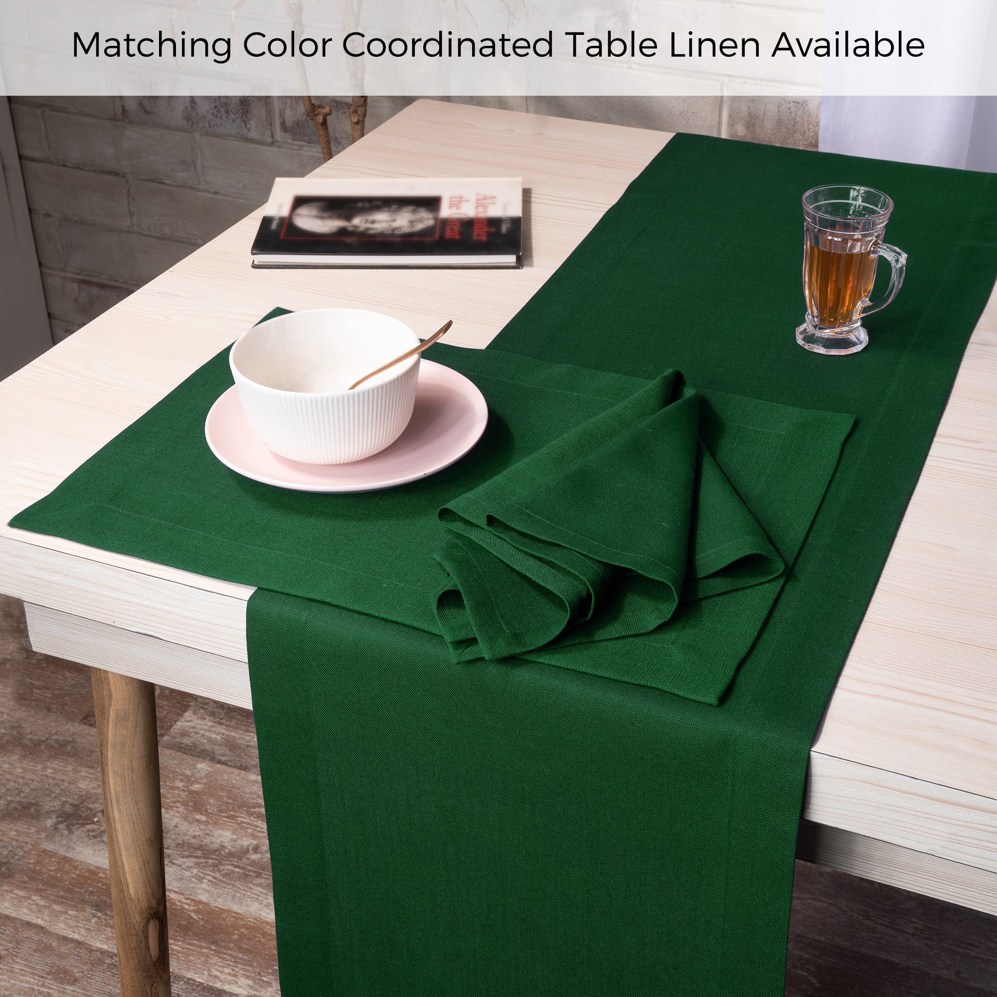 Eden green faux linen dinner napkins folded to show fabric texture