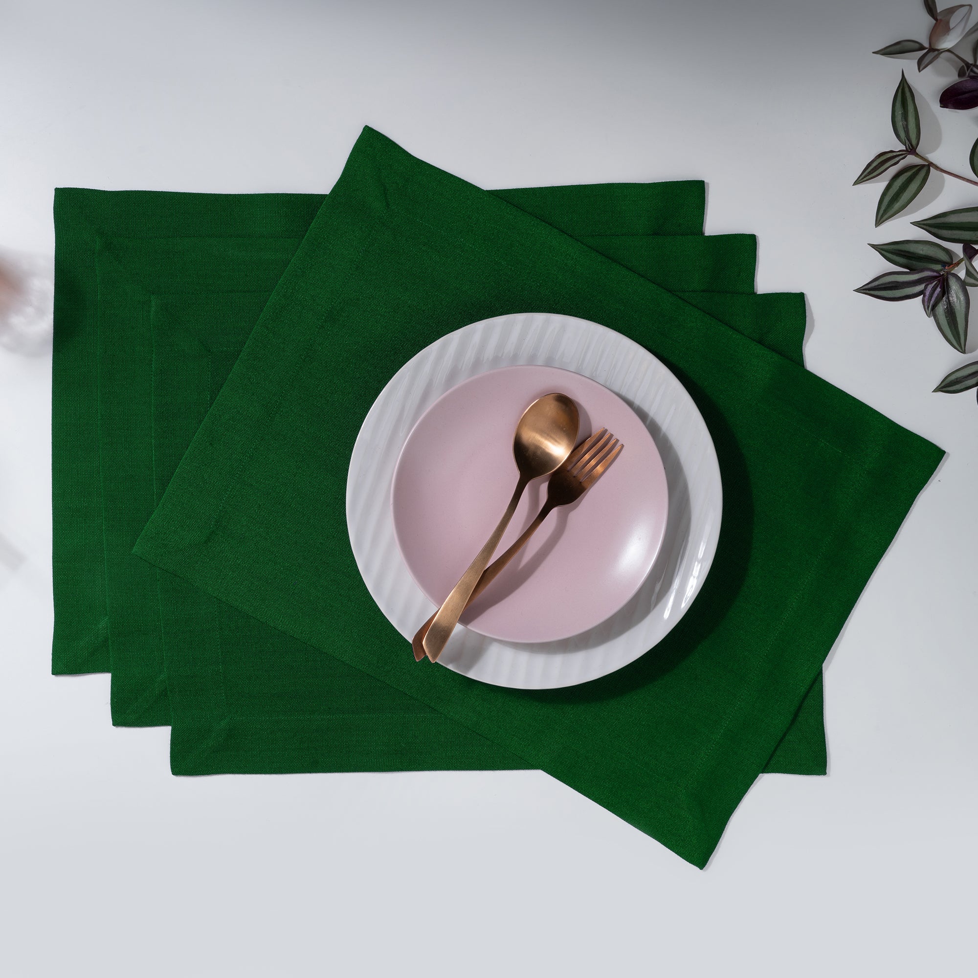 Eden green faux linen placemats with mitered corners, 14 x 19 inches, set of 4