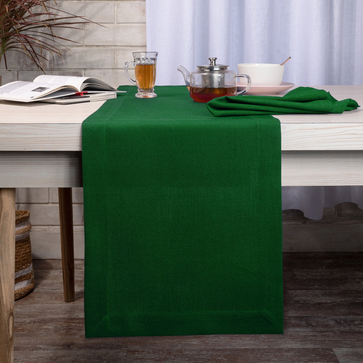 Eden green linen table runner with mitered corners, 14 x 36 inches