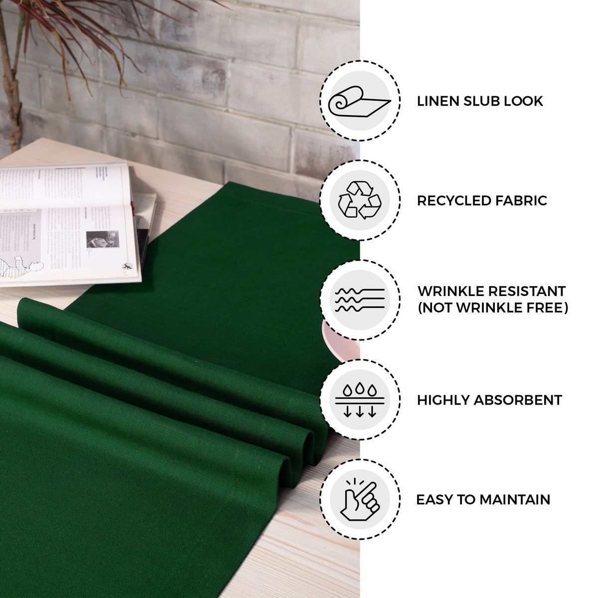 Eden green linen table runner with matching D'Moksha table linens