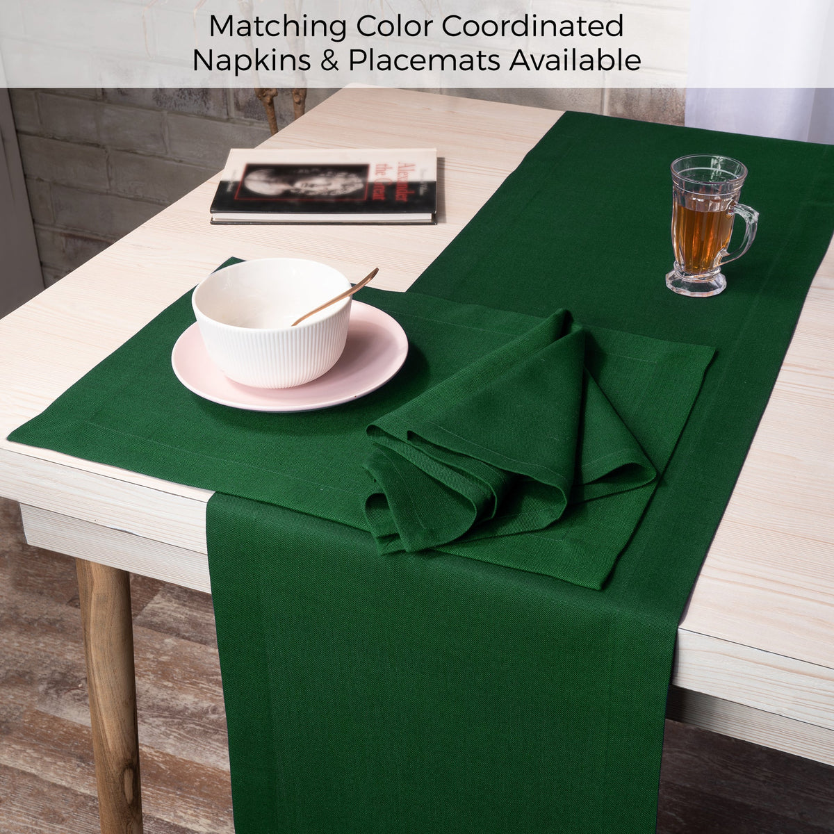 Eden green linen table runner folded to show fabric texture