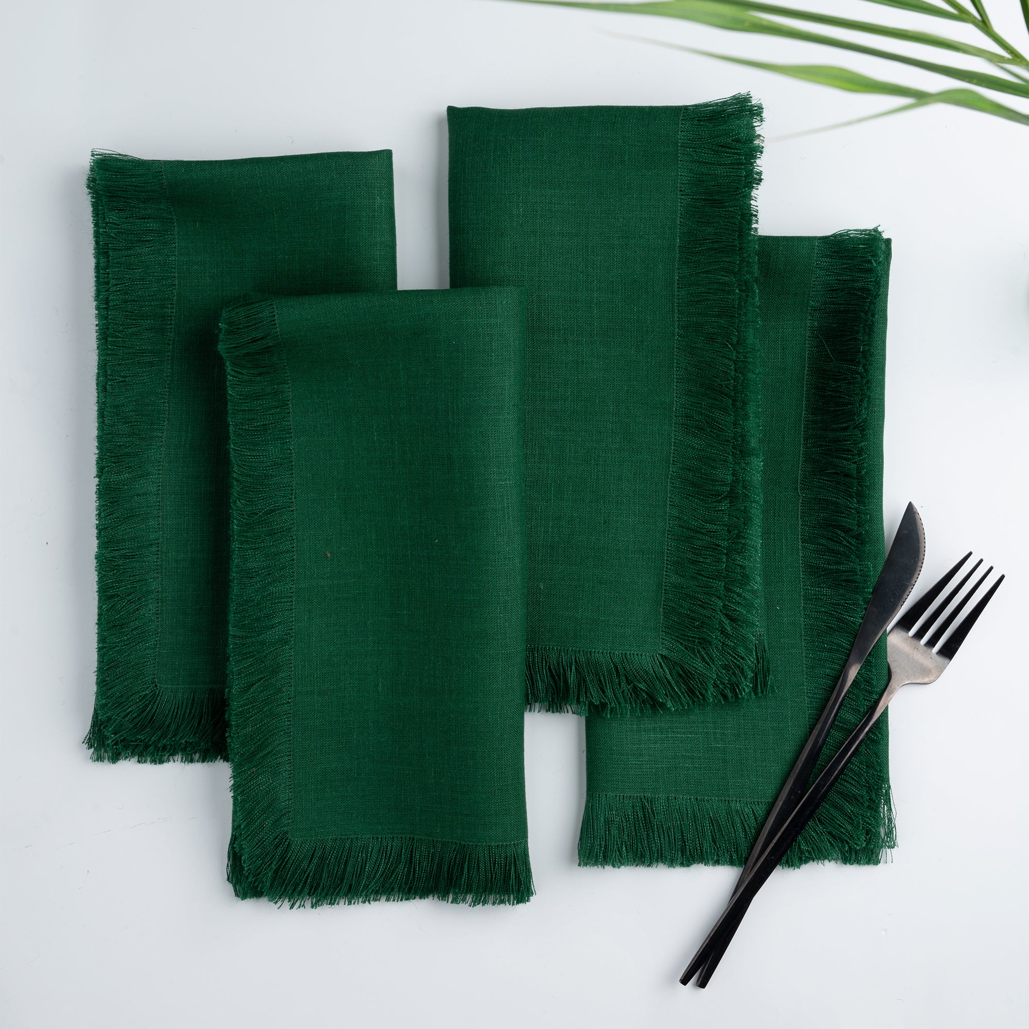 Forest green pure linen dinner napkins with fringed edge, 20 x 20 inches, set of 4