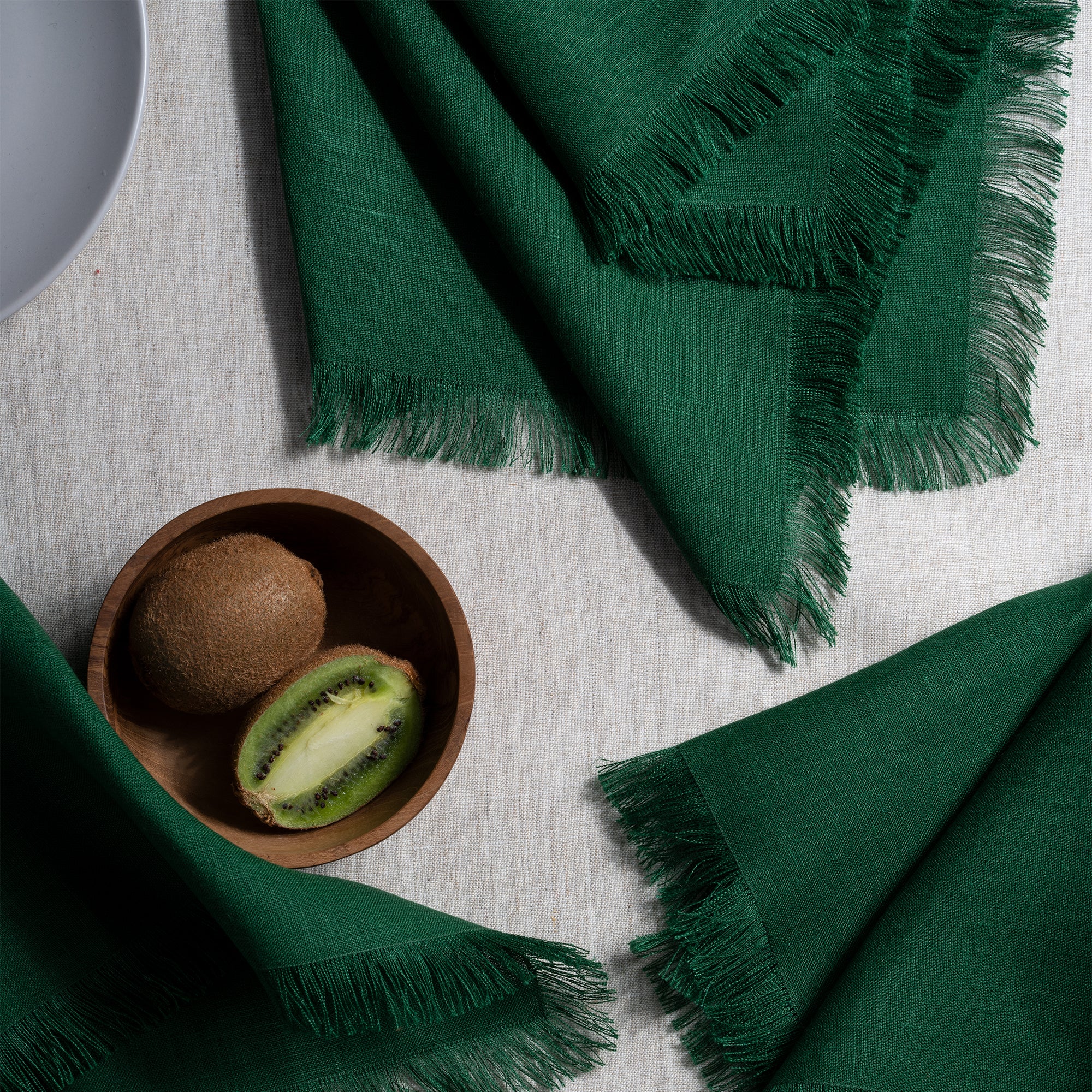 Forest green pure linen dinner napkins with matching D'Moksha table linens
